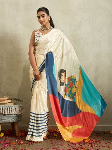 Off White Floral Printed Satin Party Wear Designer Saree