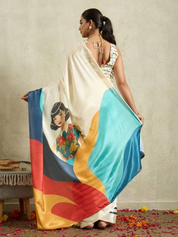 Off White Floral Printed Satin Party Wear Designer Saree