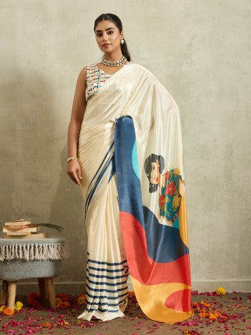 Off White Floral Printed Satin Party Wear Designer Saree