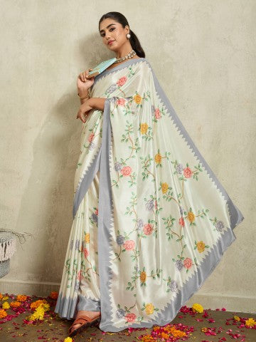 Off White Floral Embellished Satin Party Wear Saree