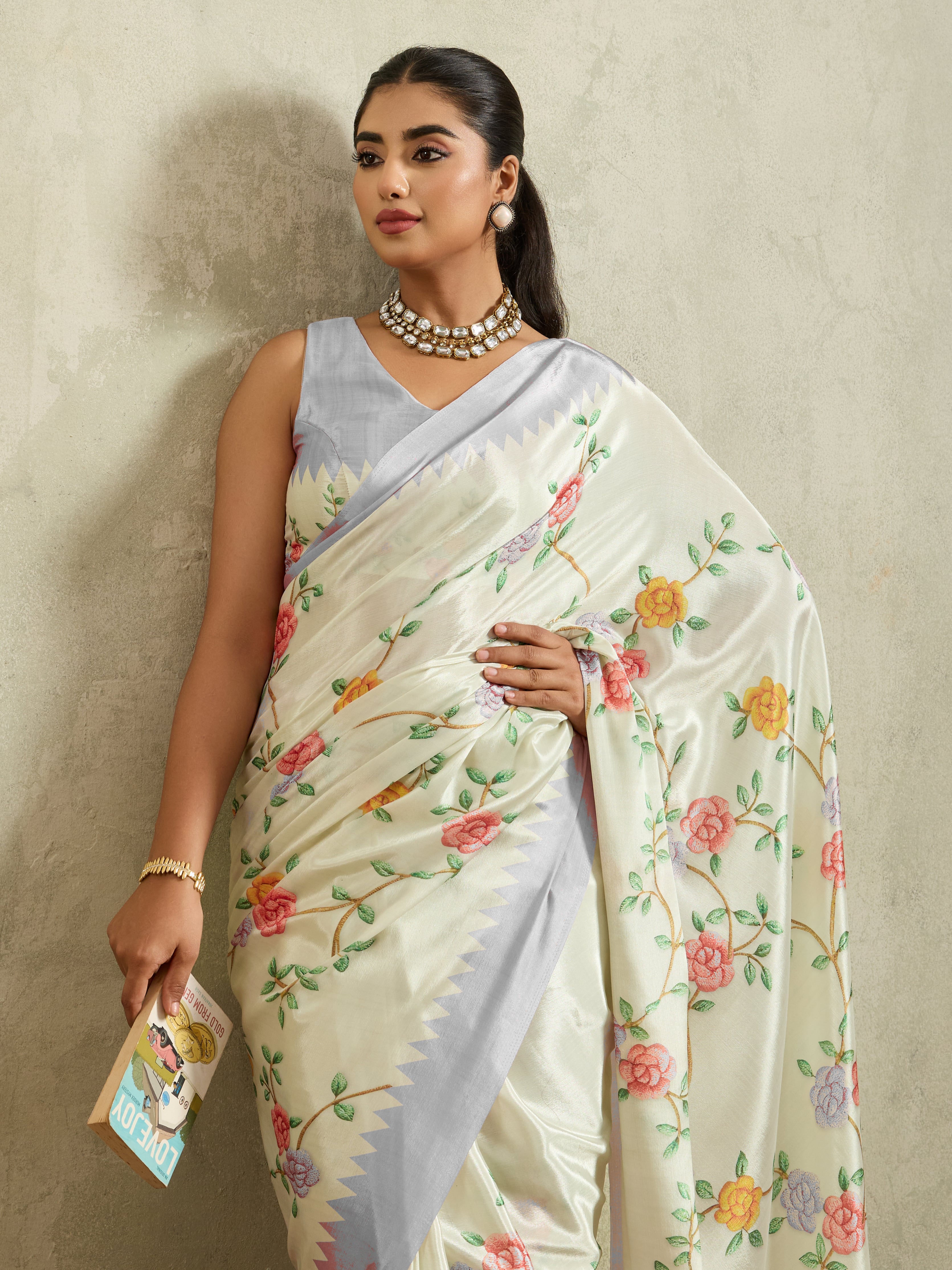 Off White Floral Embellished Satin Party Wear Saree