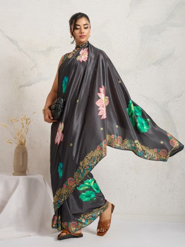 Grey Floral Printed Satin Party Wear Designer Saree