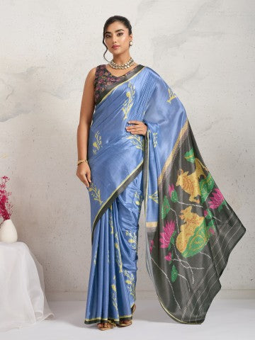 Blue Floral Printed Satin Party Wear Designer Saree