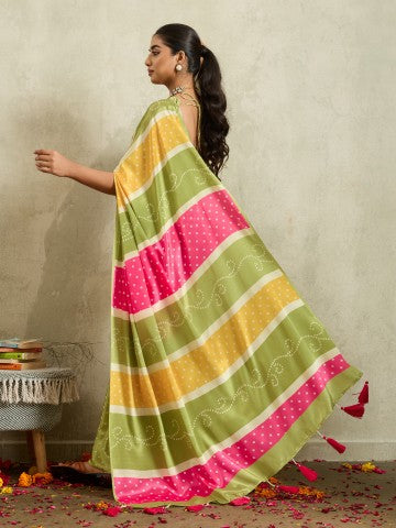 Green Bandhani Printed Satin Party Wear Designer Saree