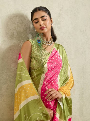 Green Bandhani Printed Satin Party Wear Designer Saree