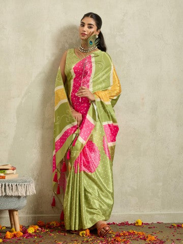 Green Bandhani Printed Satin Party Wear Designer Saree