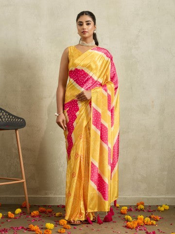 Yellow & Pink Bandhani Printed Satin Party Wear Saree
