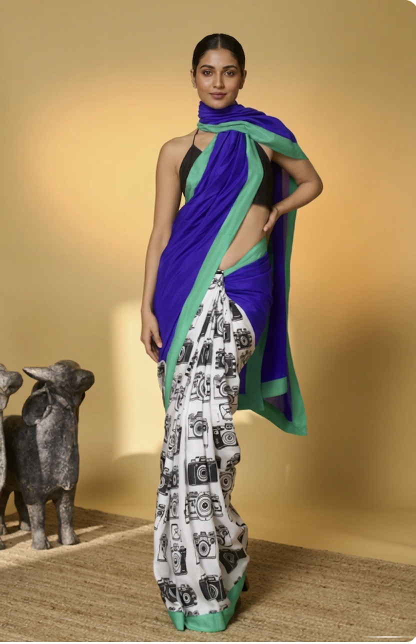 Blue Abstract Printed Satin Ready To Wear Saree