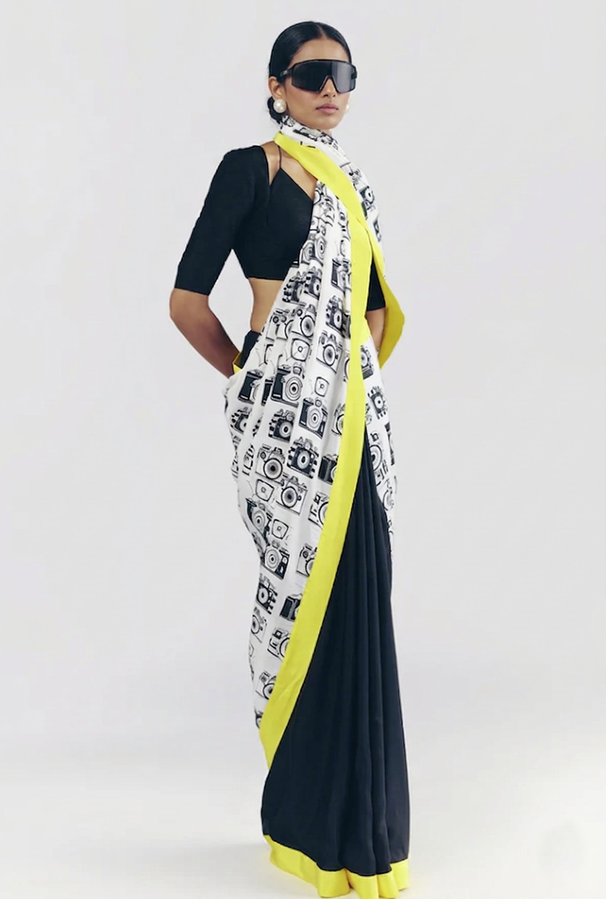 Yellow Abstract Printed Satin Ready To Wear Saree