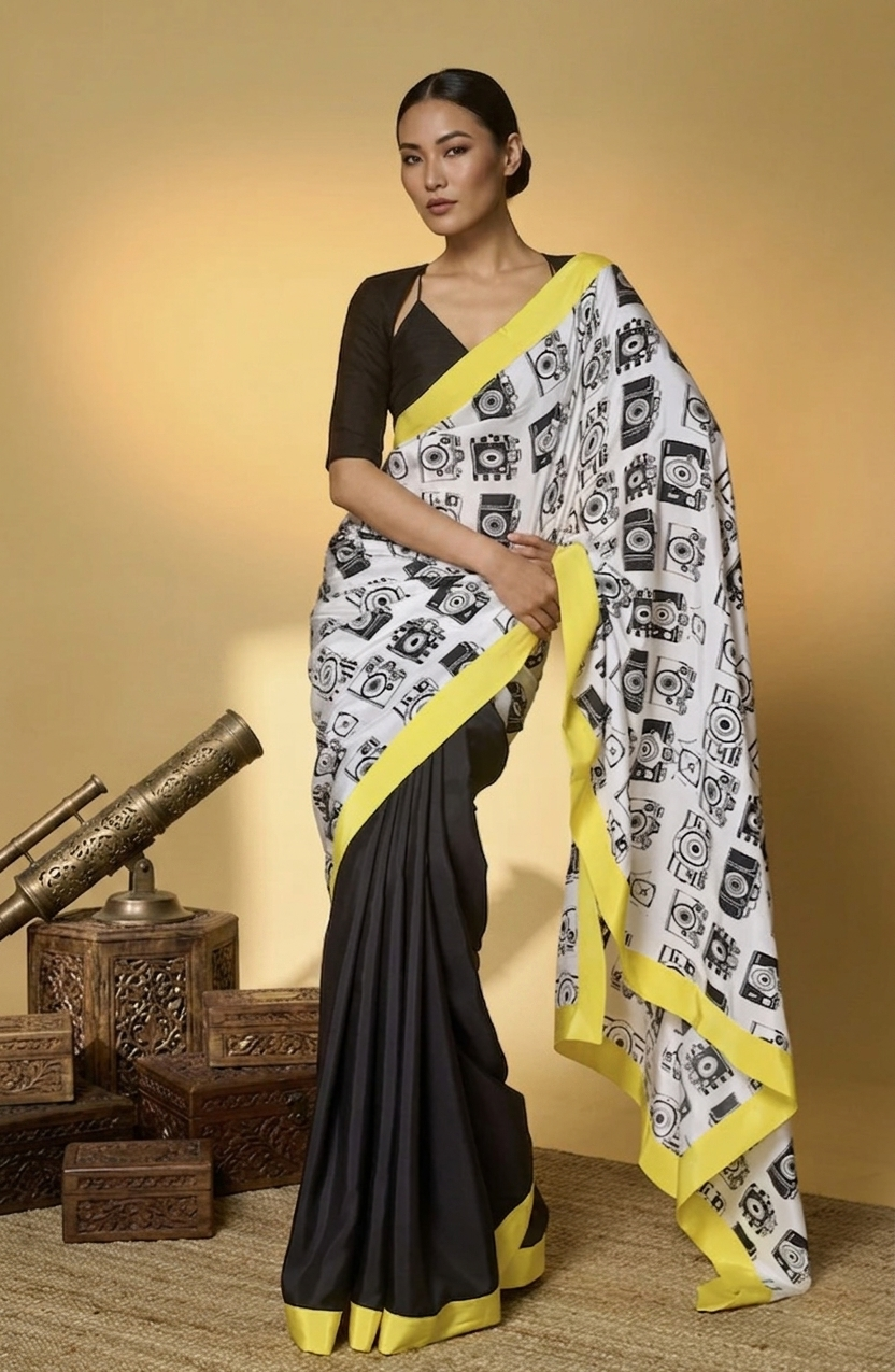 Yellow Abstract Printed Satin Ready To Wear Saree