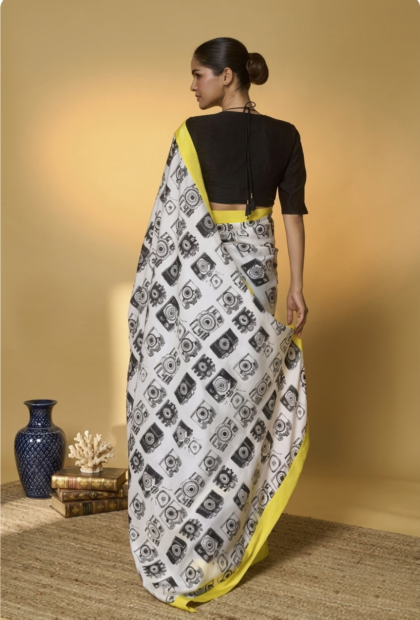 Yellow Abstract Printed Satin Ready To Wear Saree