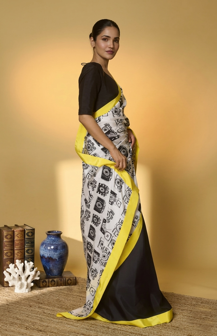 Yellow Abstract Printed Satin Ready To Wear Saree