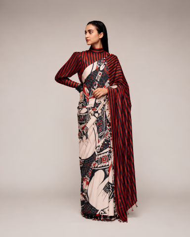 Multicoloured Printed Satin Ready to Wear Saree