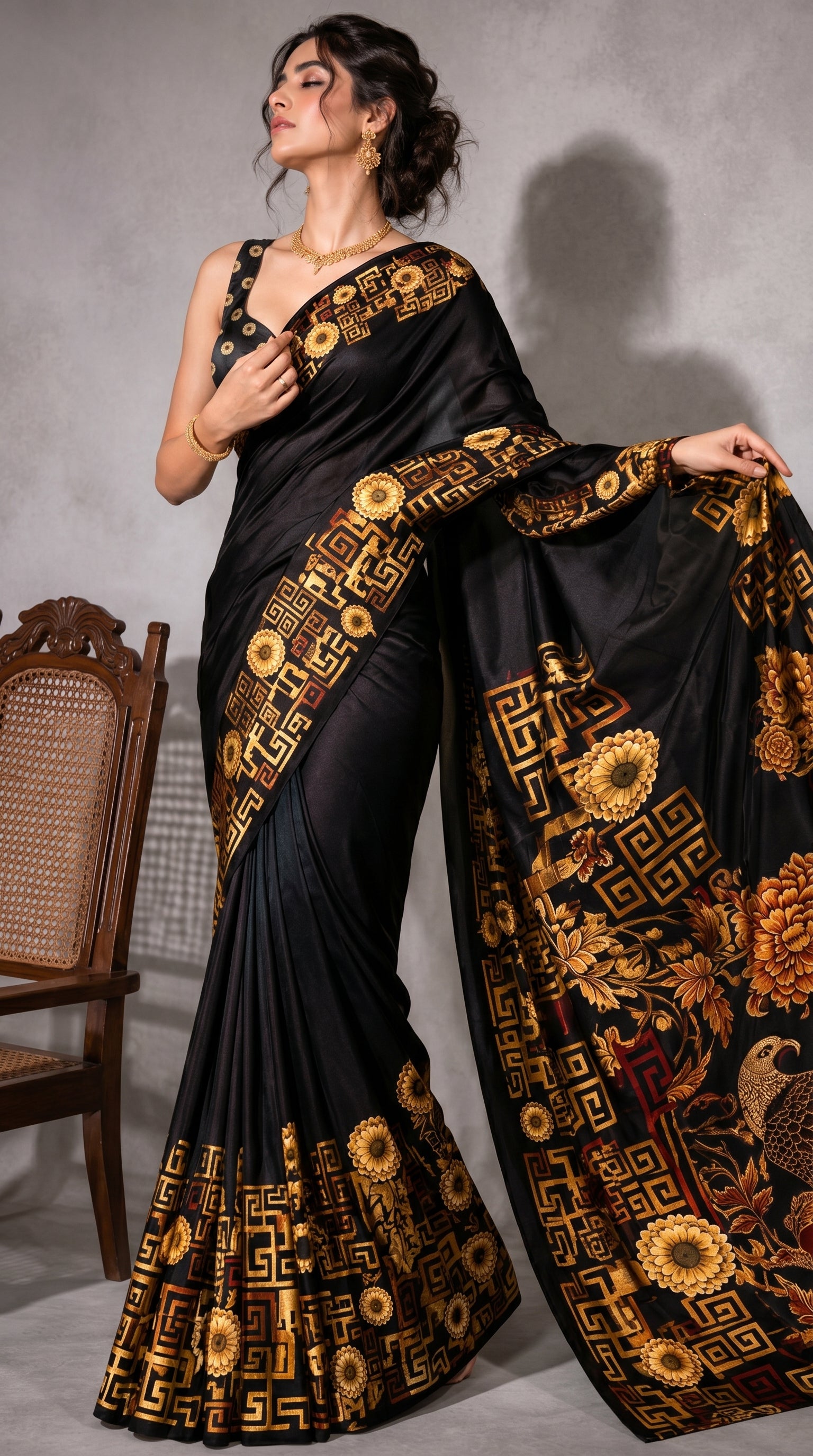 Black Geometric Printed Satin Ready To Wear Saree