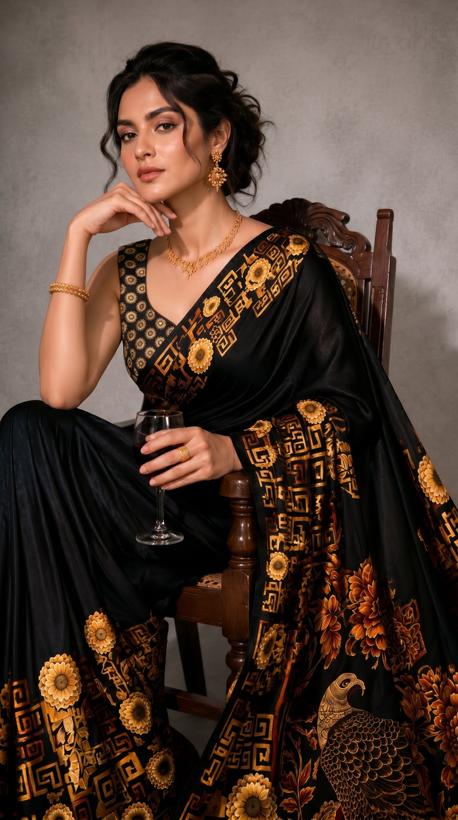 Black Geometric Printed Satin Ready To Wear Saree