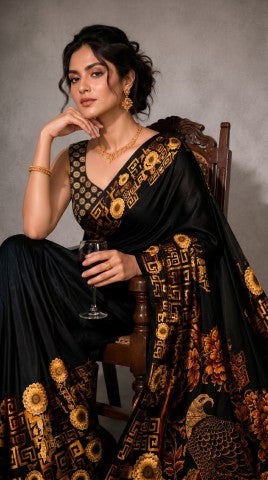 Black Color Geometric Printed Satin Ready to Wear Saree