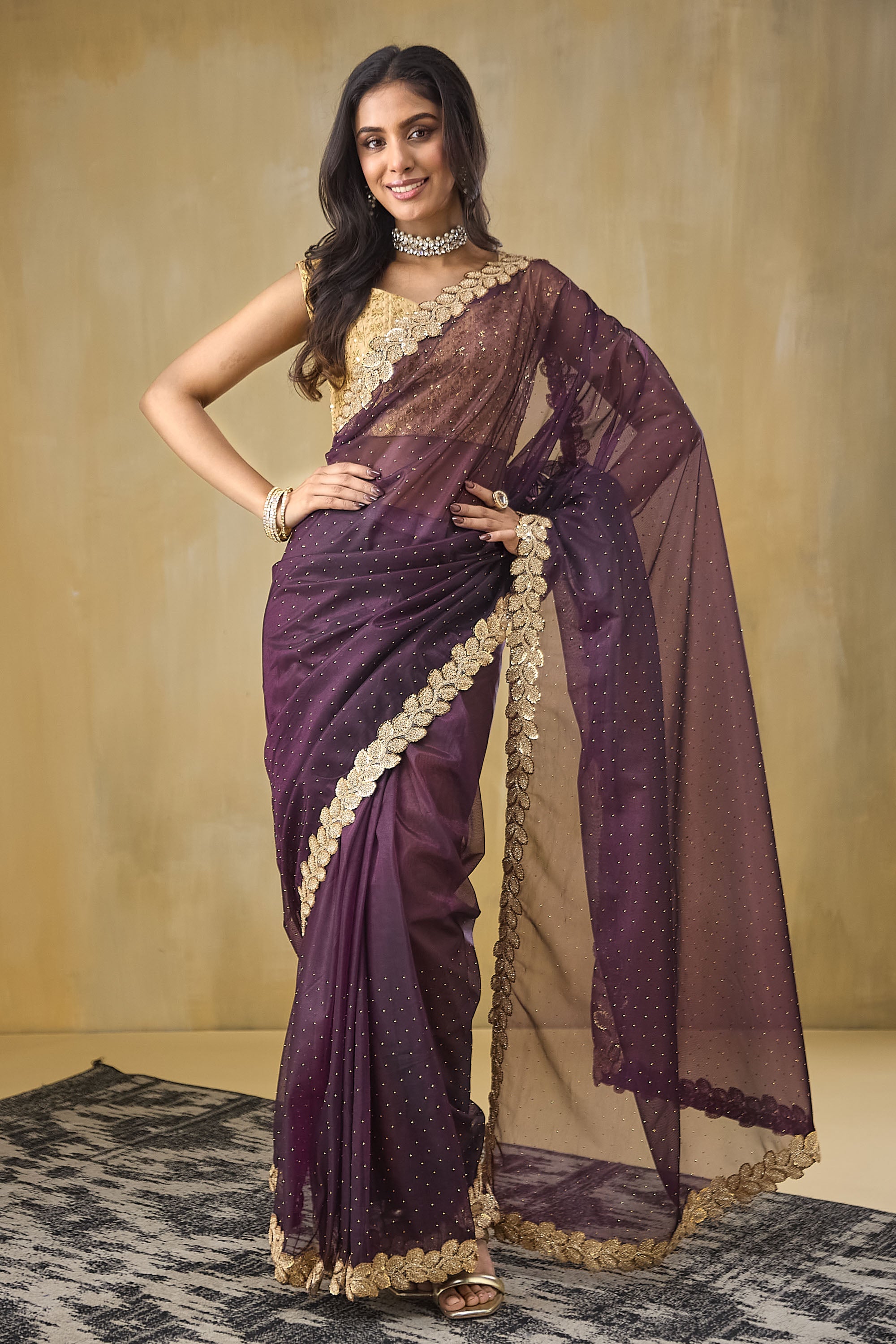 Embellished Lace Border Swarovski Ready To Wear Saree