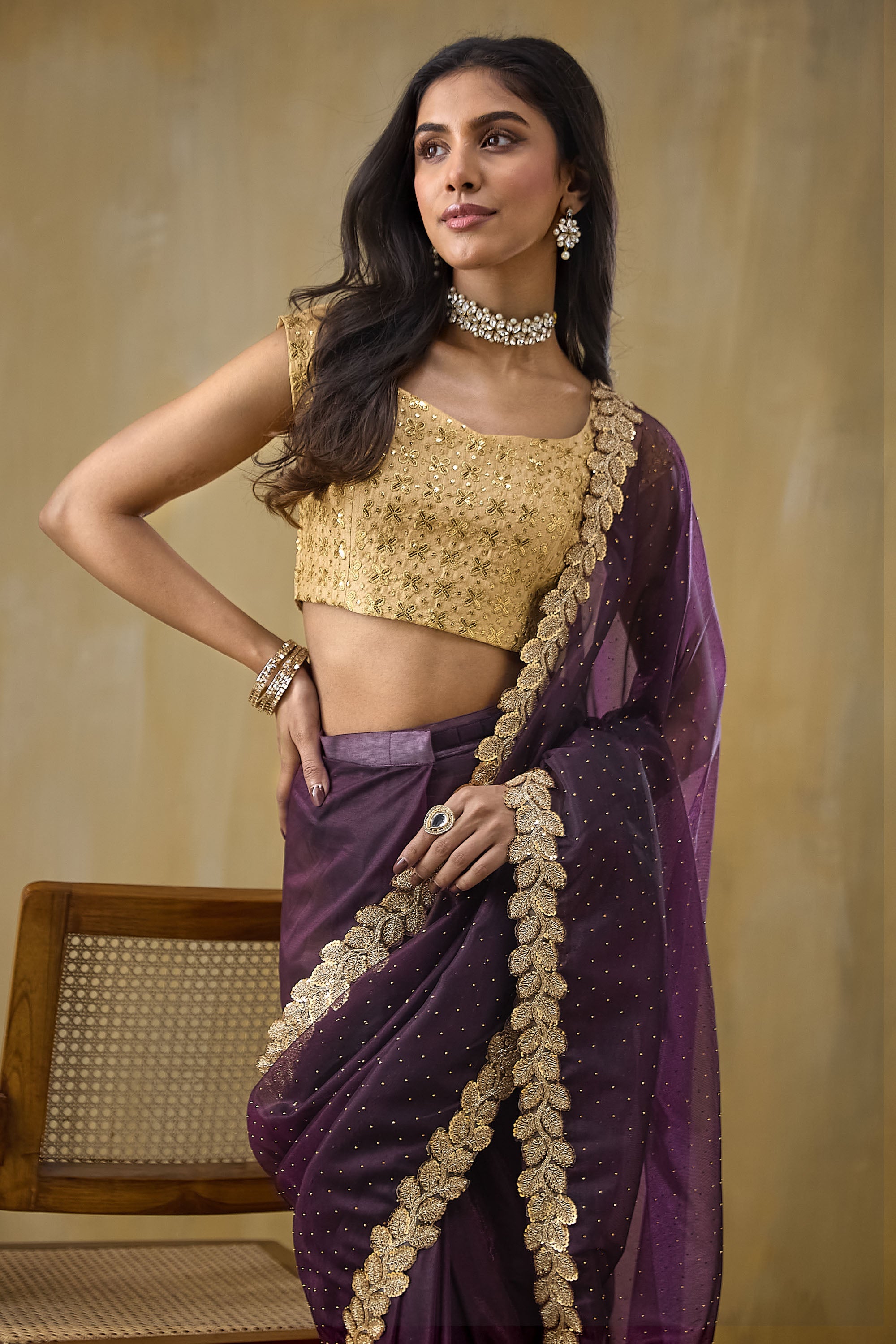 Embellished Lace Border Swarovski Ready To Wear Saree