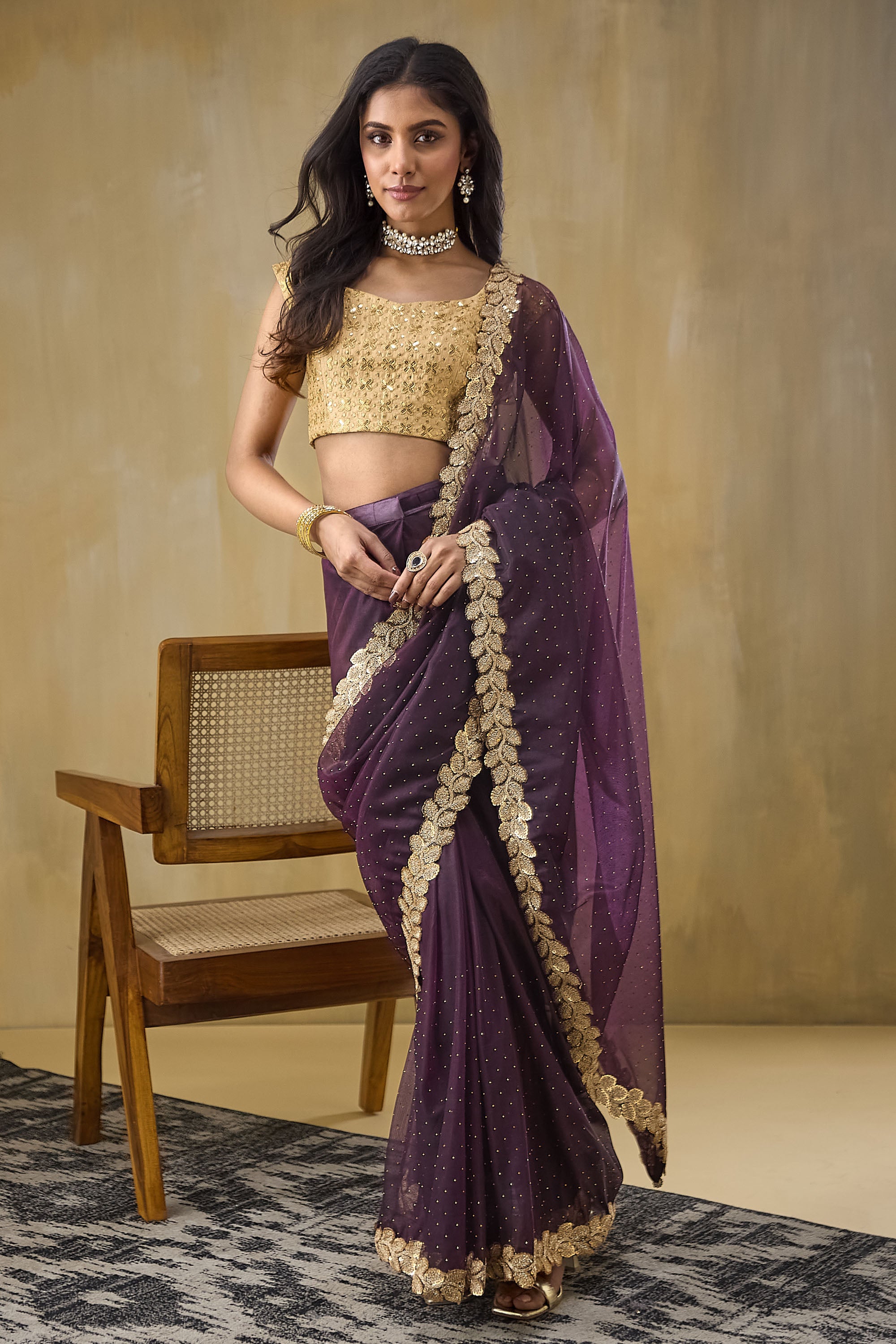 Embellished Lace Border Swarovski Ready To Wear Saree