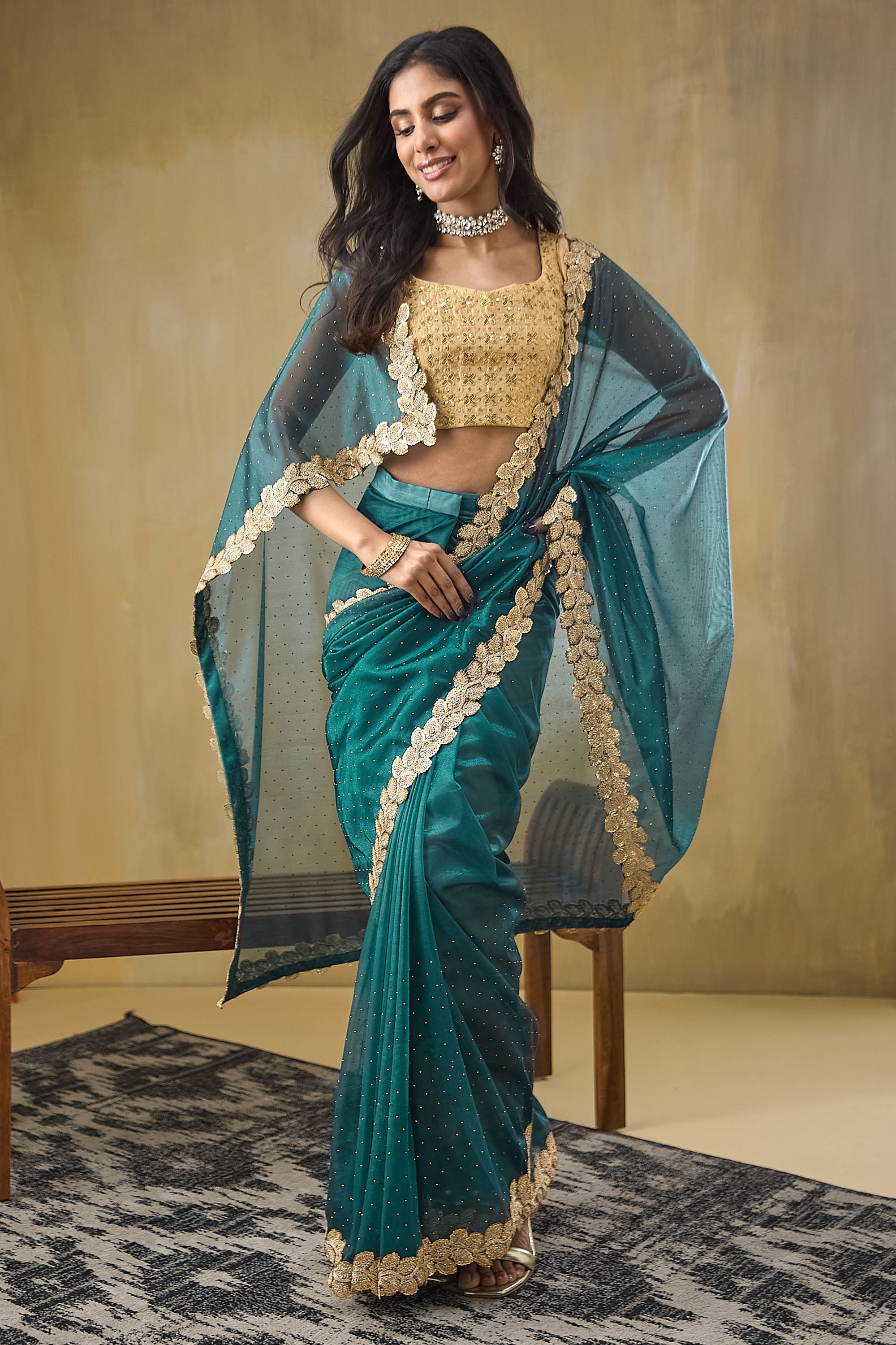 Embellished Lace Border Swarovski Saree