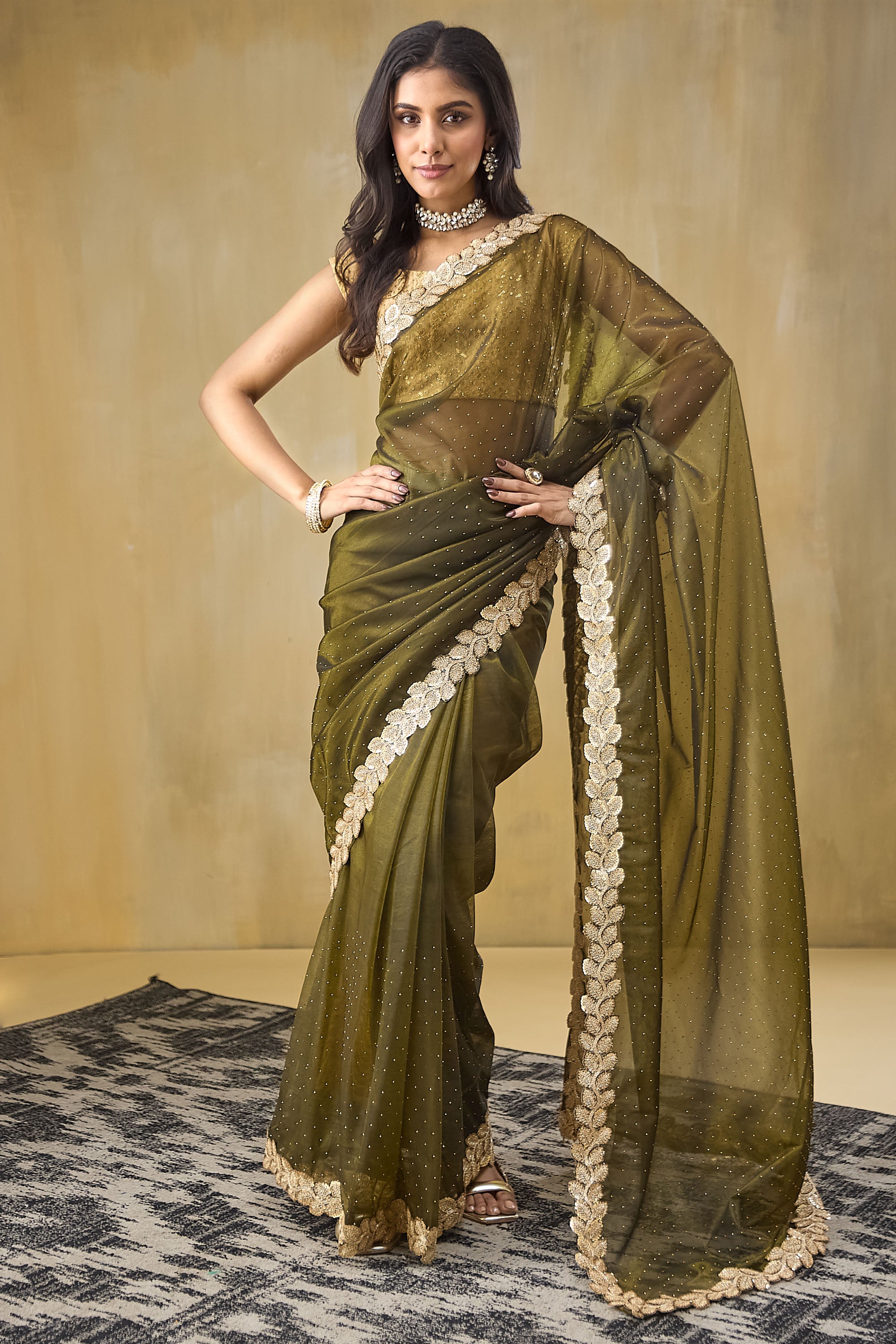 Embellished Lace Border Swarovski Ready To Wear Saree