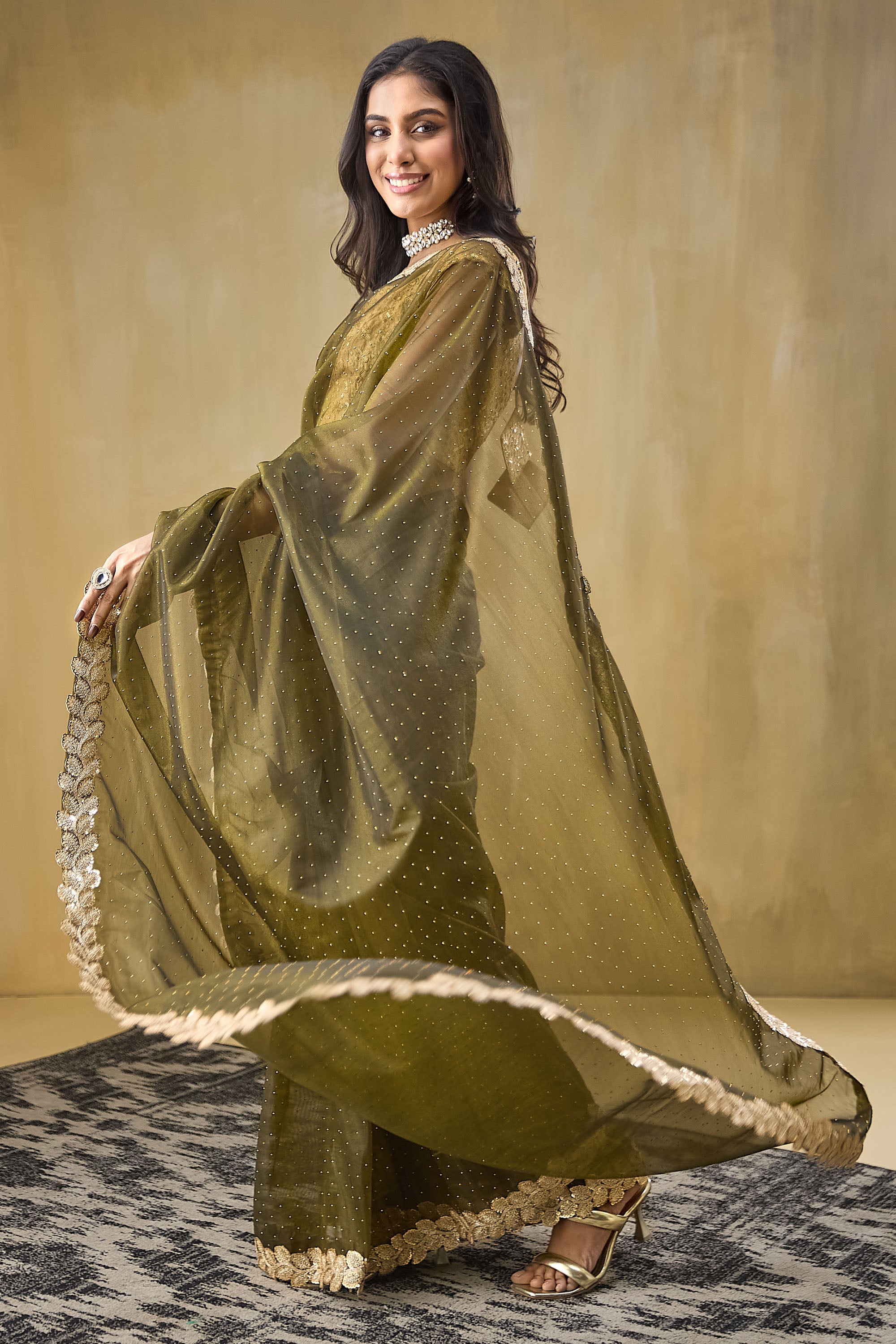 Embellished Lace Border Swarovski Ready To Wear Saree