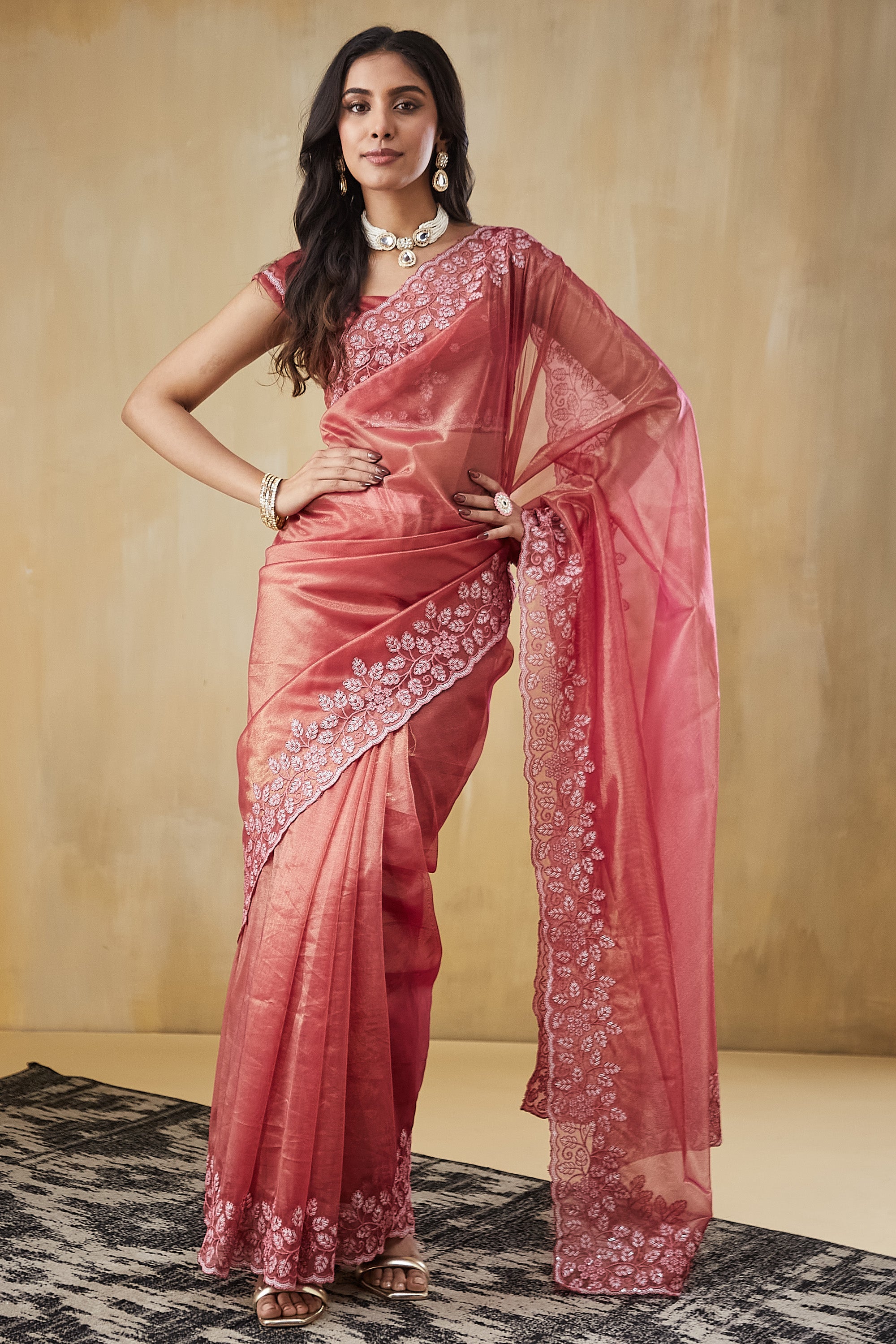 Floral Embroidery Work Ready To Wear Saree