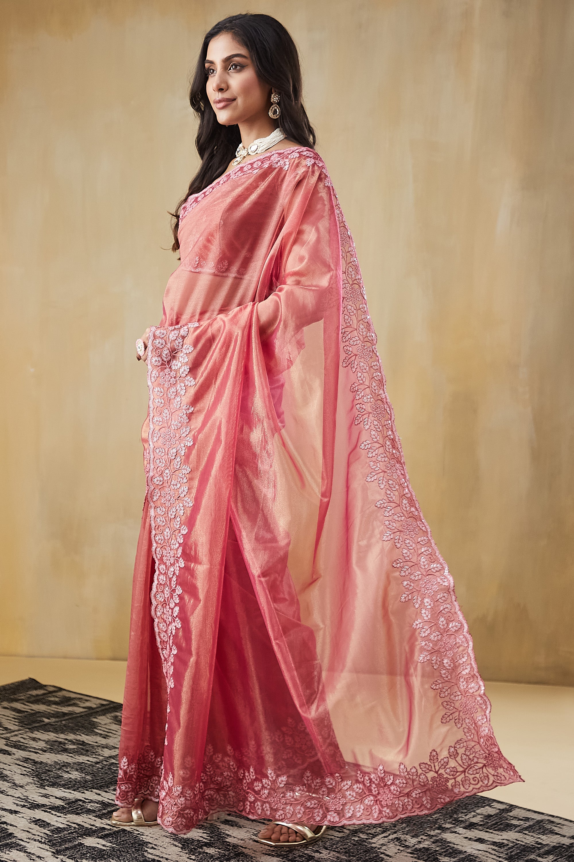 Floral Embroidery Work Ready To Wear Saree