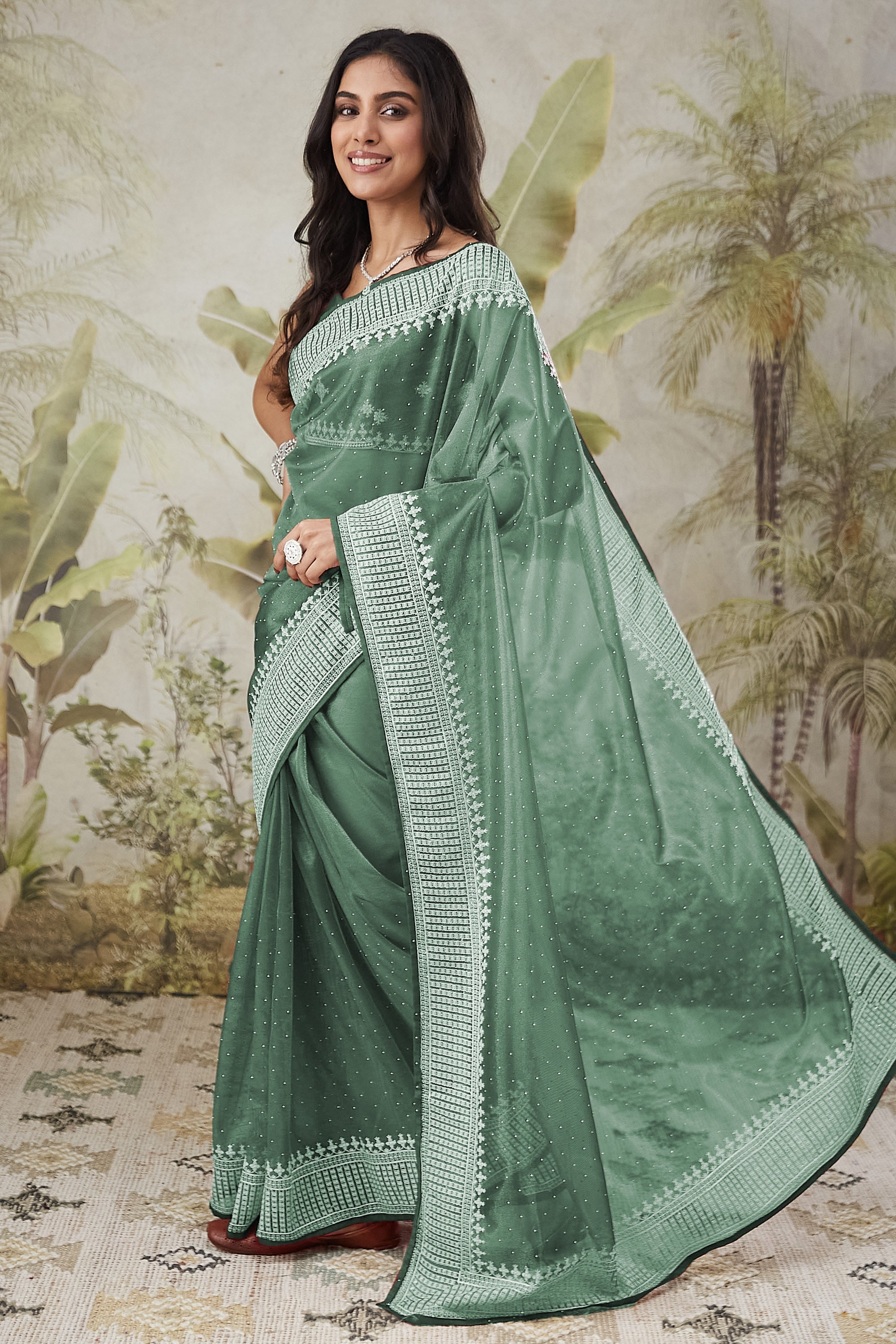 Partywear Embroidered Patta Ready To Wear Saree