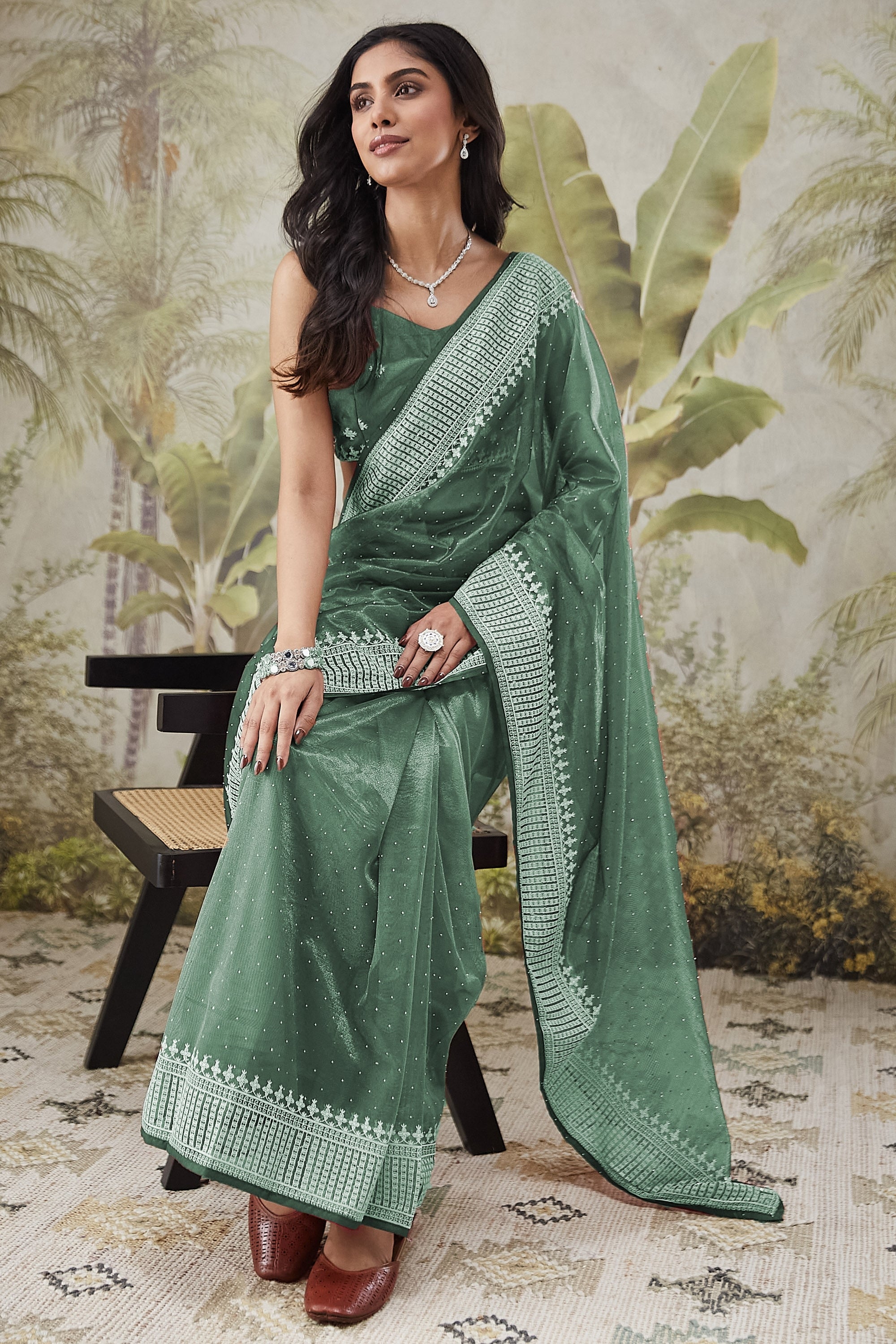 Partywear Embroidered Patta Ready To Wear Saree