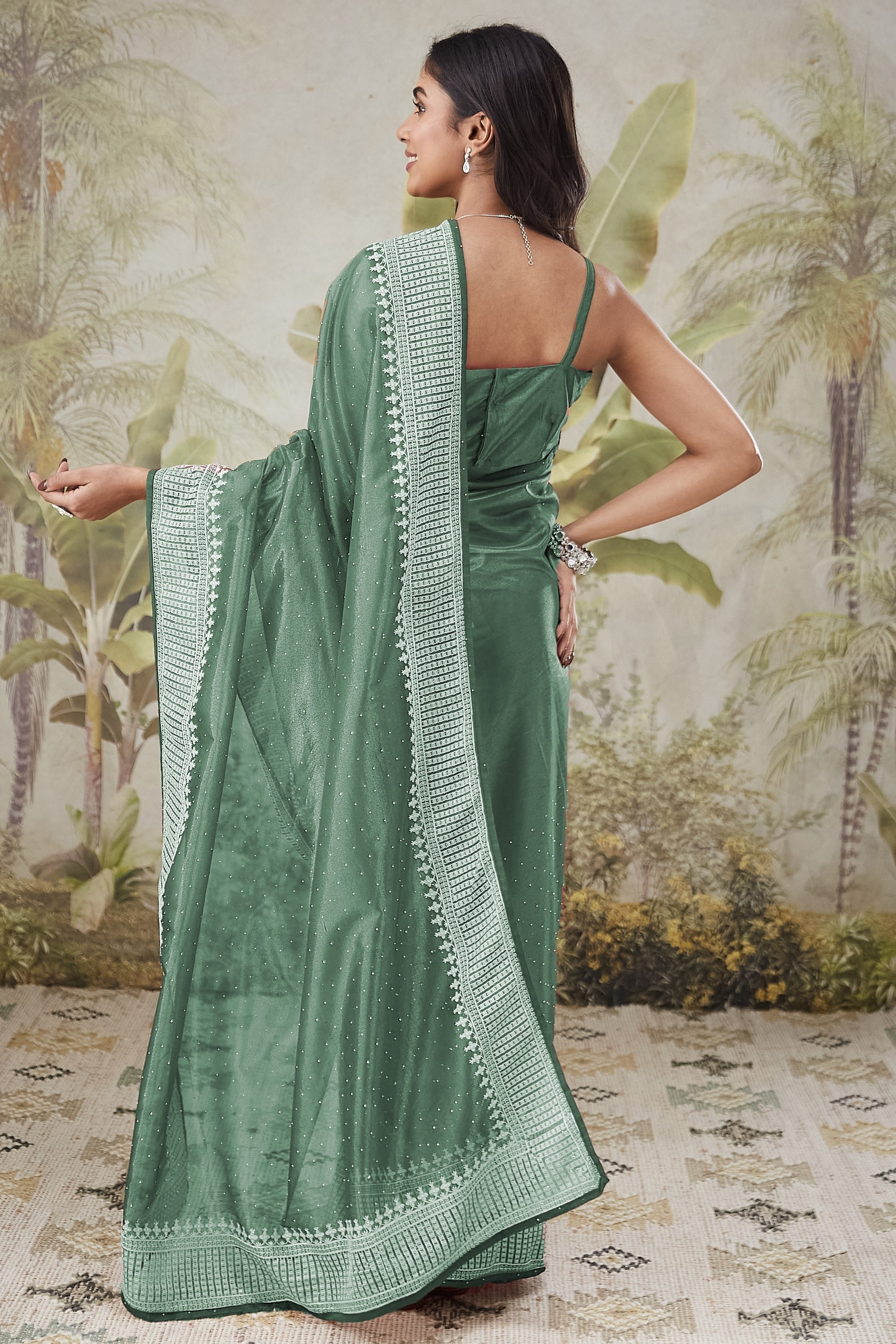 Partywear Embroidered Patta Ready To Wear Saree