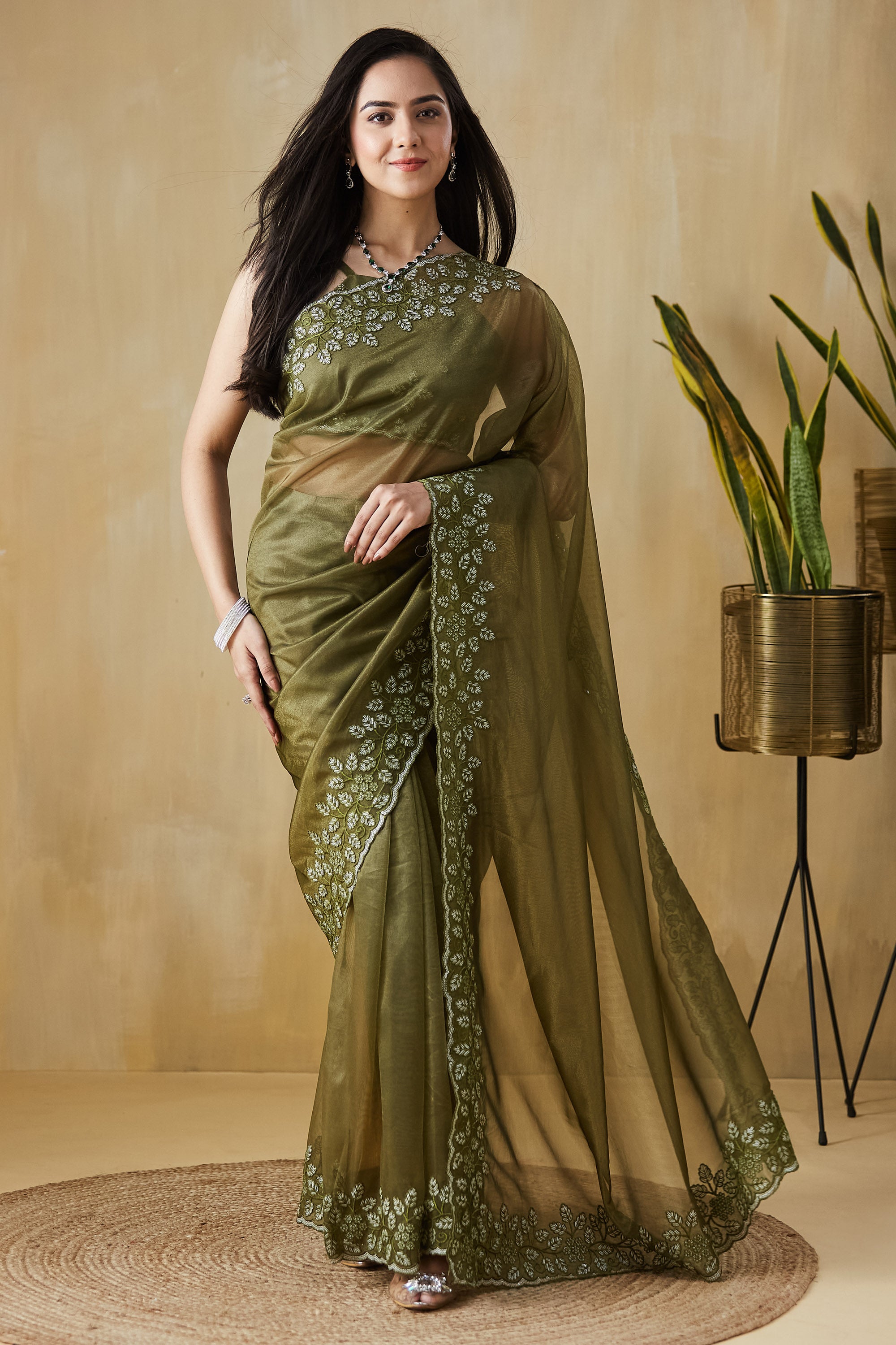 Floral Embroidery Work Ready To Wear Saree