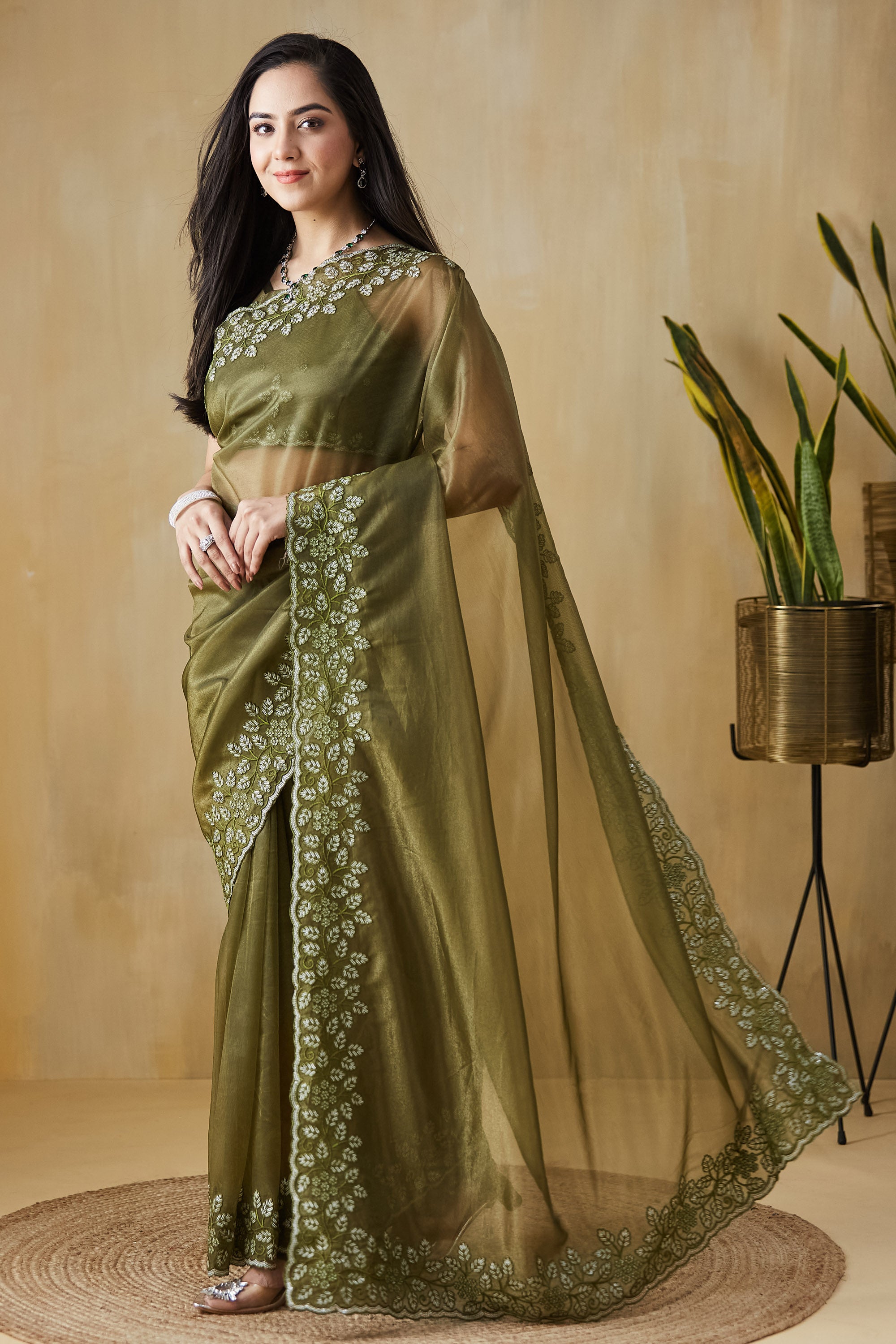 Floral Embroidery Work Ready To Wear Saree