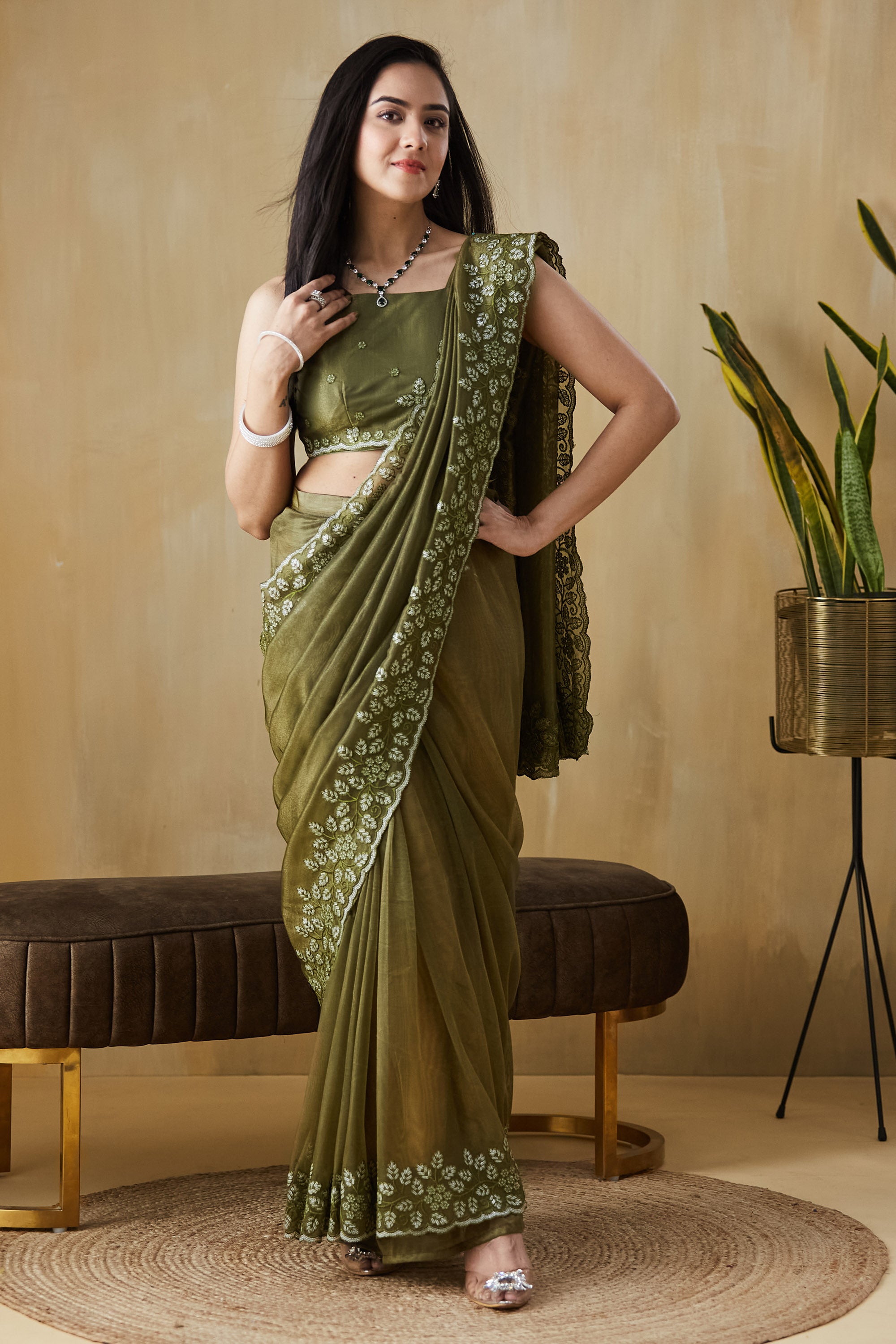Floral Embroidery Work Ready To Wear Saree