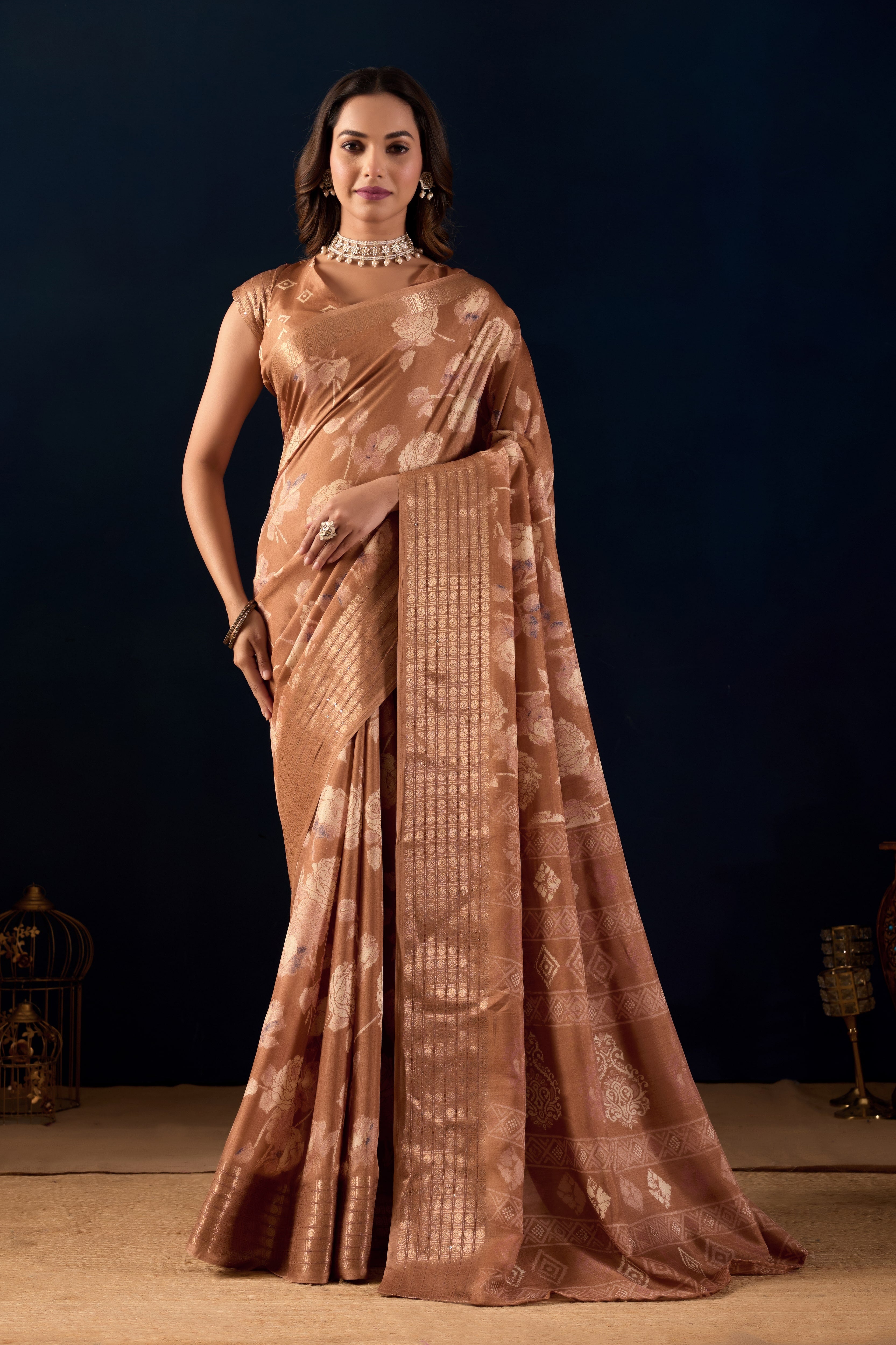 Brown Color Silk Cotton Floral Woven Design Ready to Wear Saree