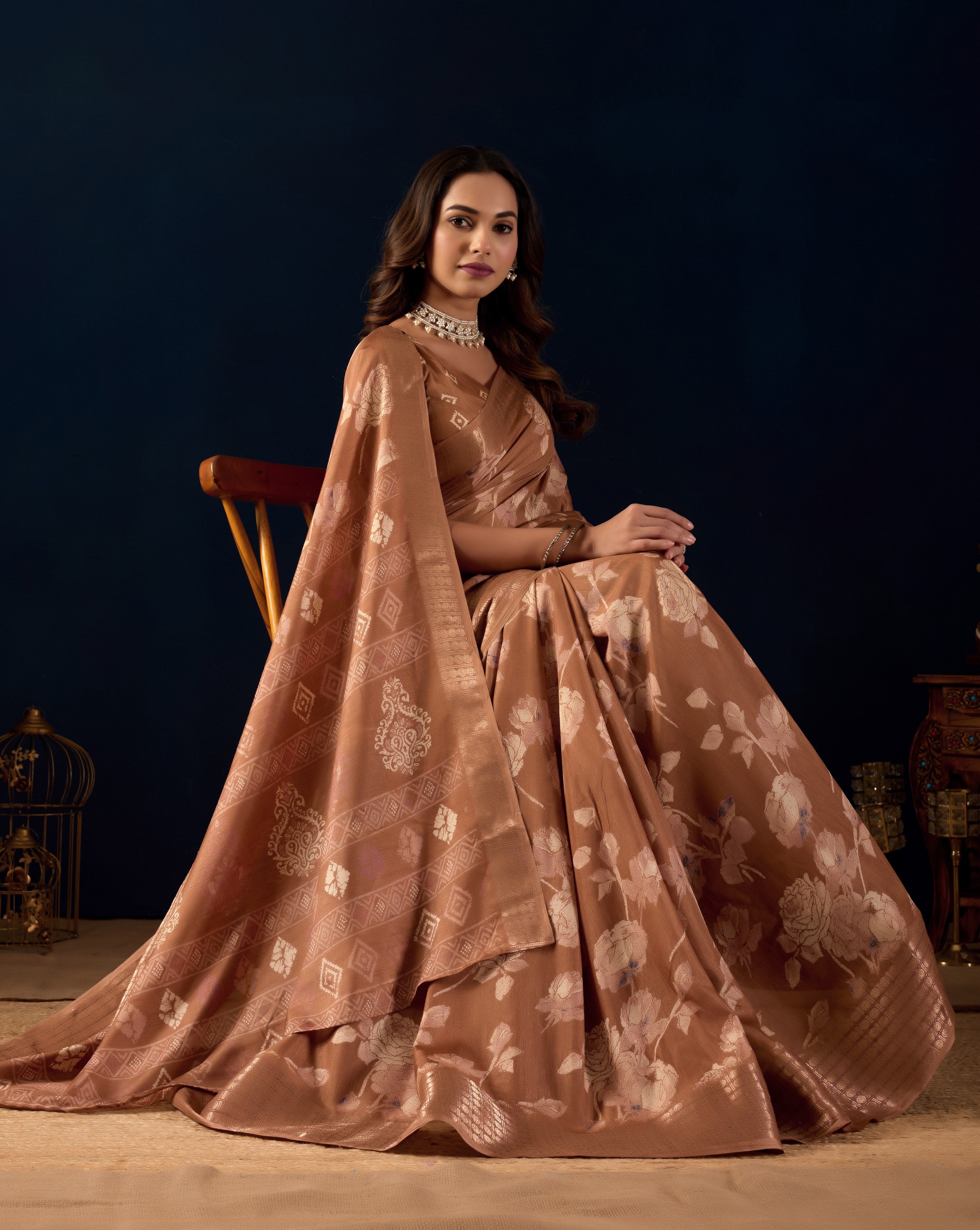 Brown Color Silk Cotton Floral Woven Design Ready to Wear Saree