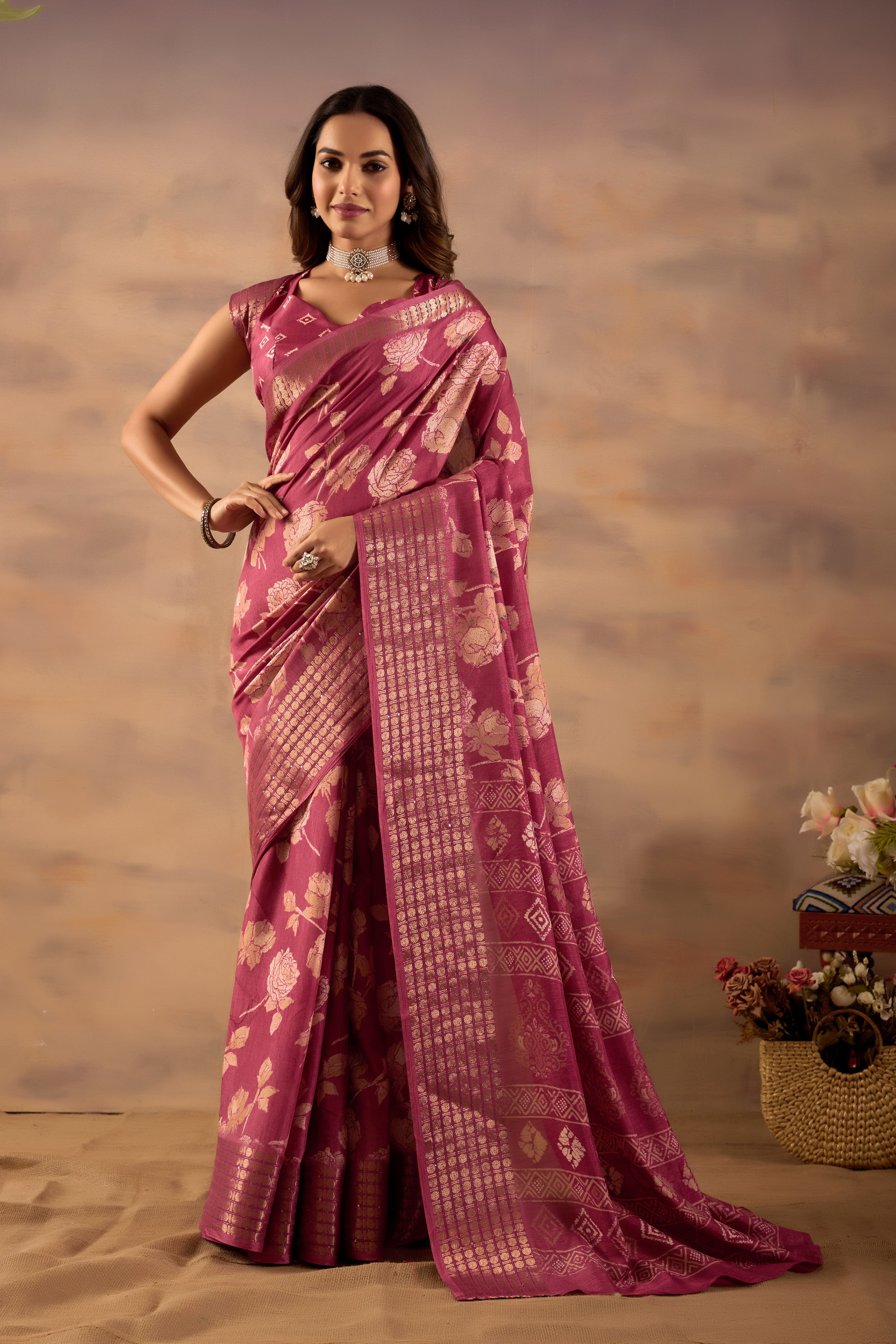 Pink Silk Cotton Floral Woven Zari Border Ready to Wear Saree