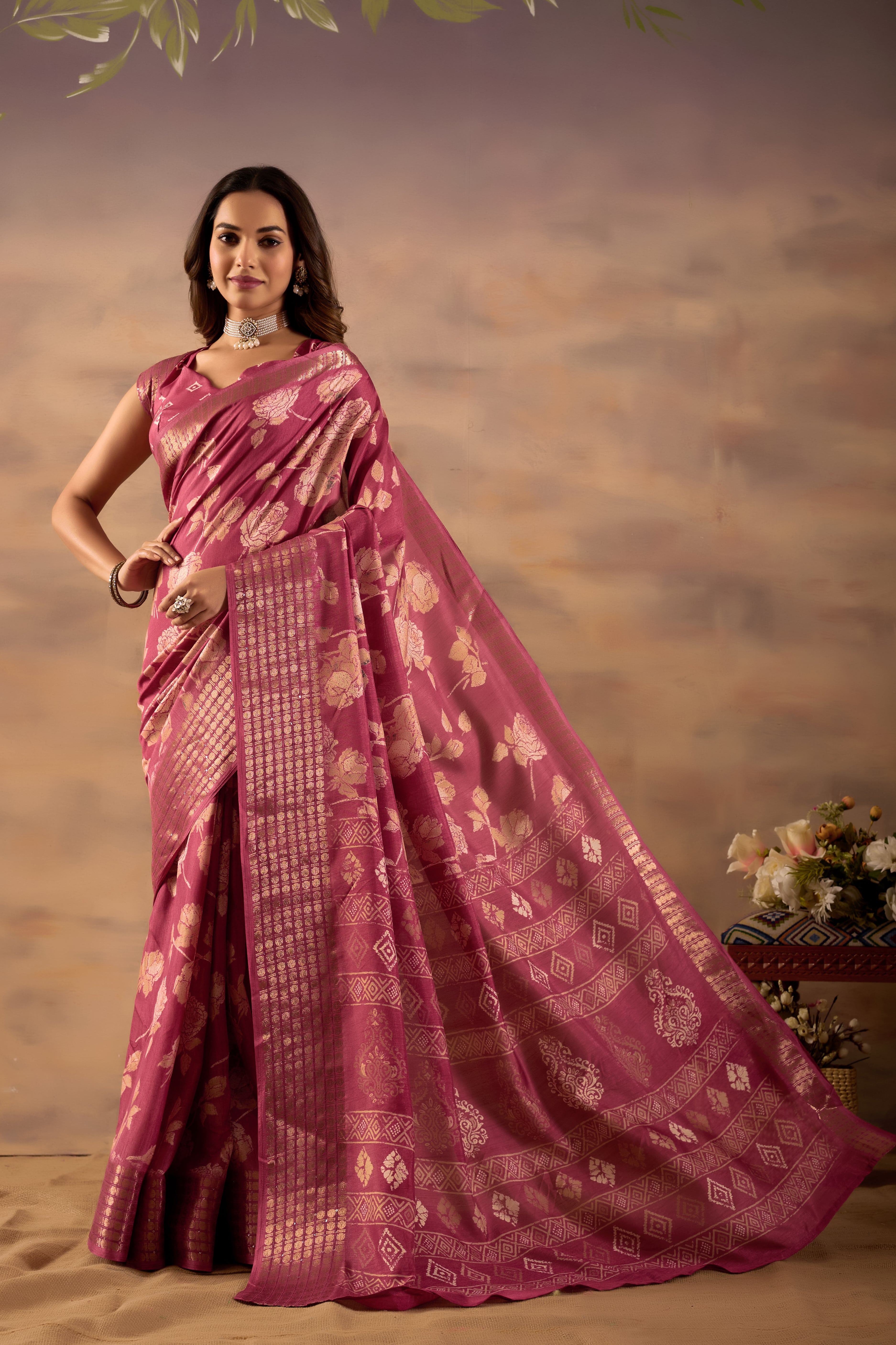Pink Silk Cotton Floral Woven Zari Border Ready to Wear Saree