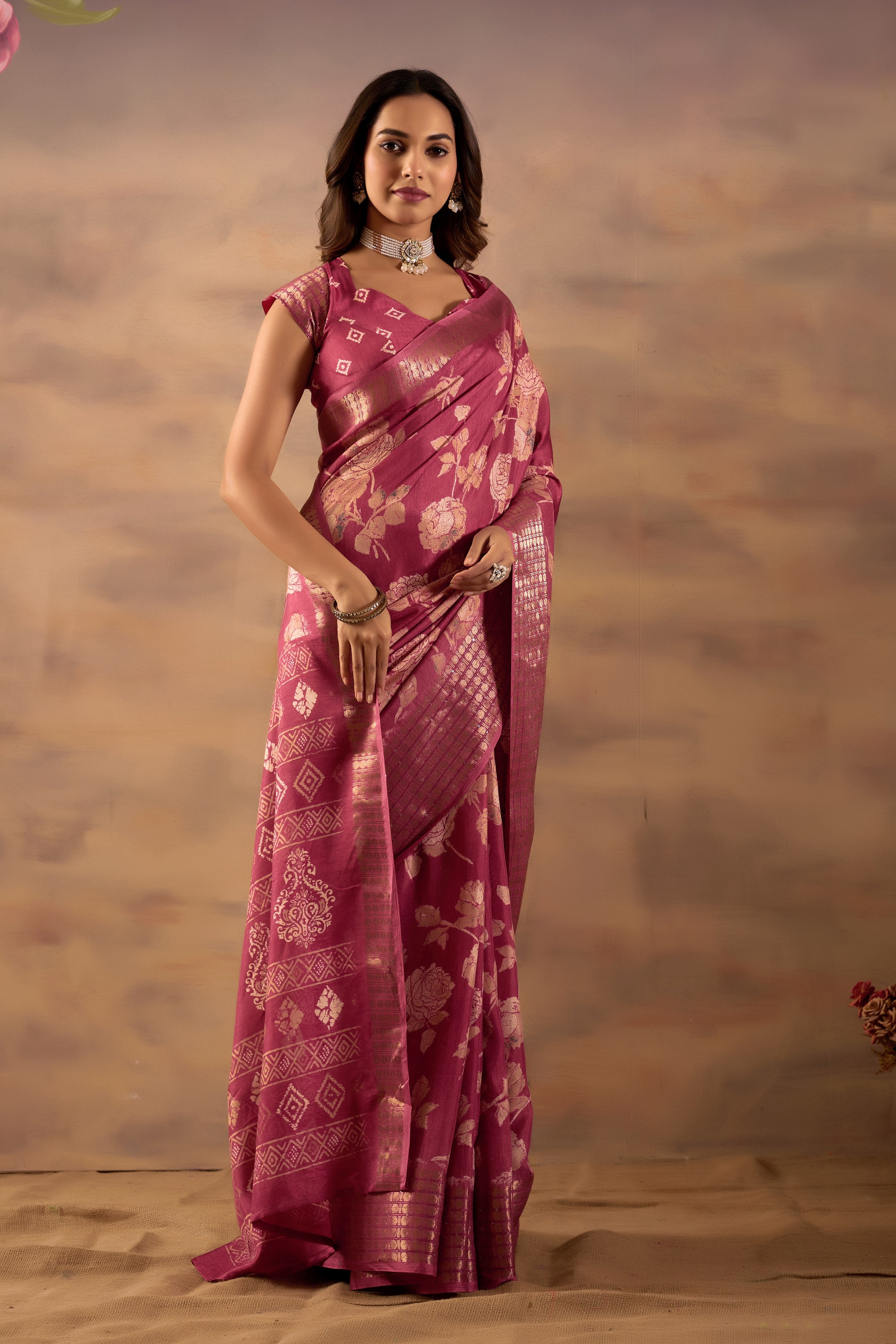 Pink Silk Cotton Floral Woven Zari Border Ready to Wear Saree