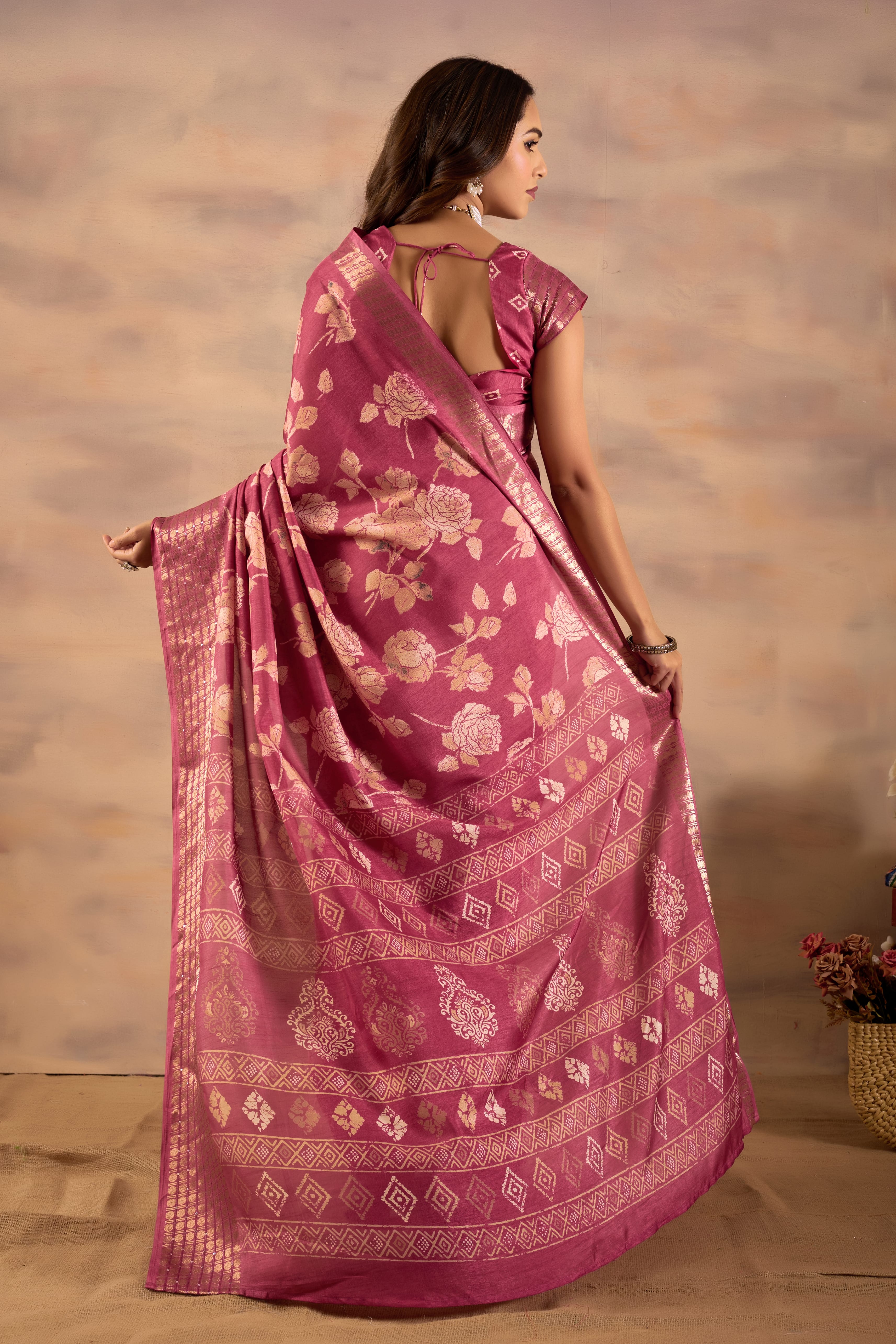 Pink Silk Cotton Floral Woven Zari Border Ready to Wear Saree