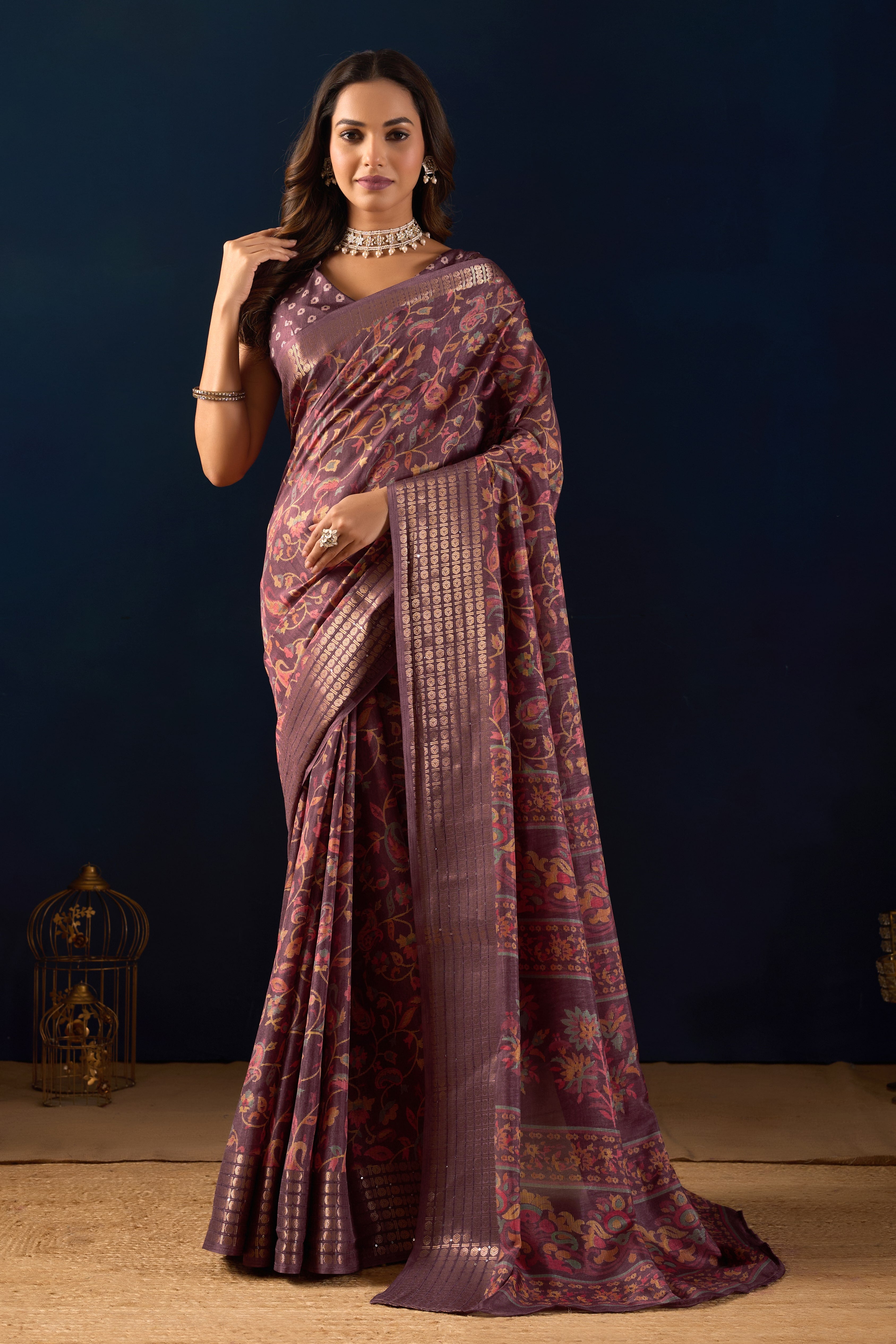 Timeless Elegance in Mauve Dola Silk with Heritage Kalamkari Prints