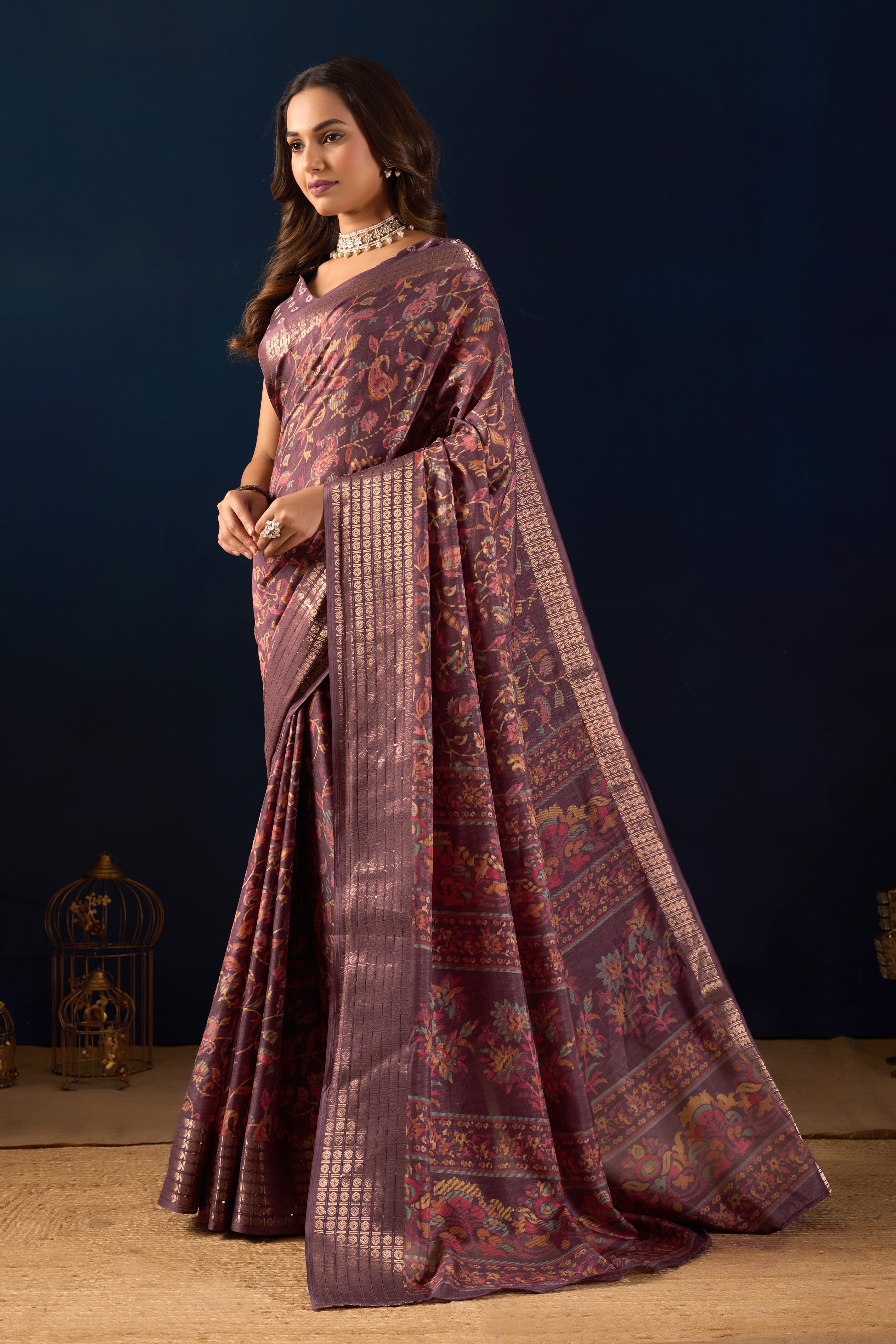 Timeless Elegance in Mauve Dola Silk with Heritage Kalamkari Prints