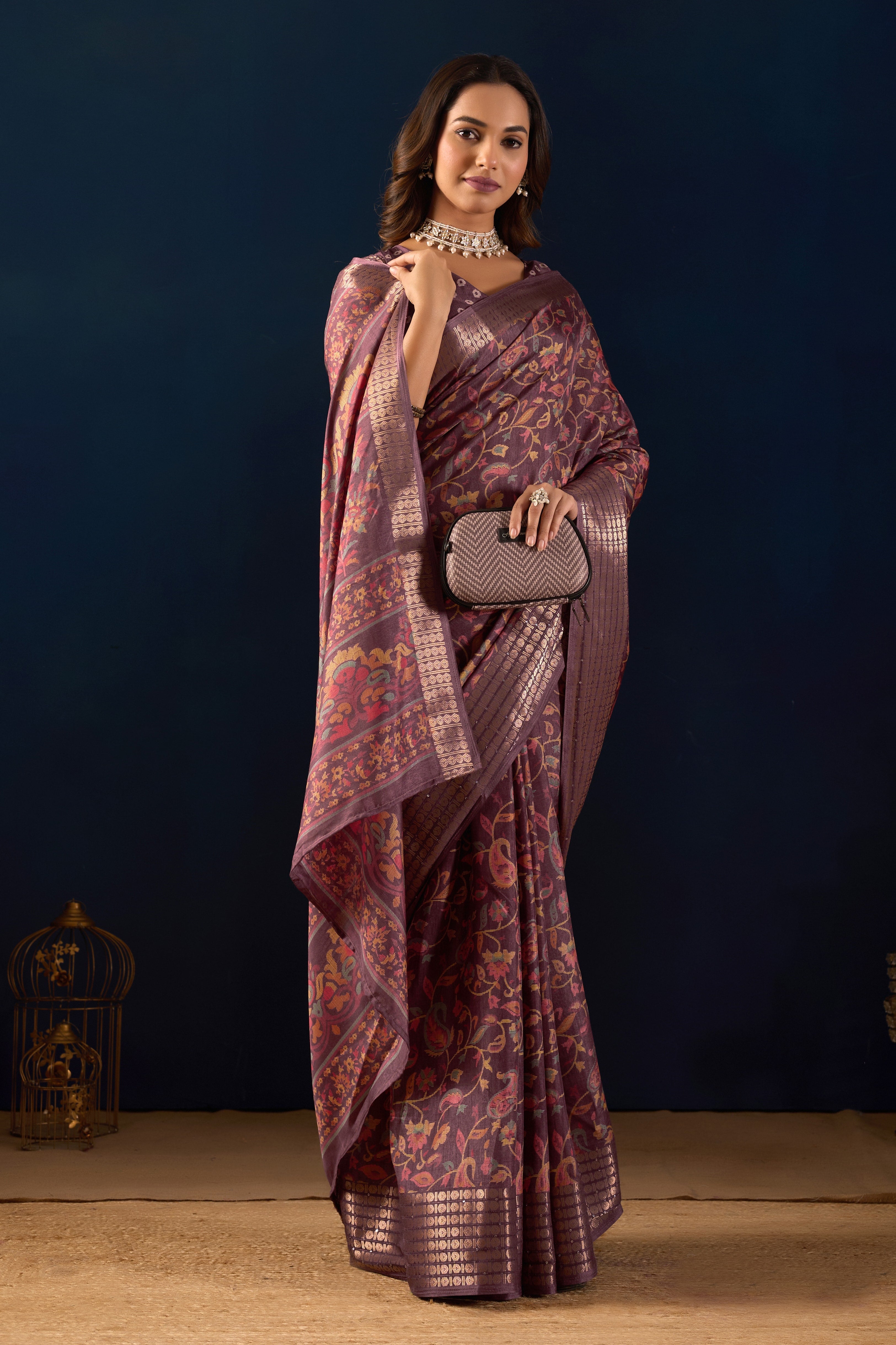 Timeless Elegance in Mauve Dola Silk with Heritage Kalamkari Prints
