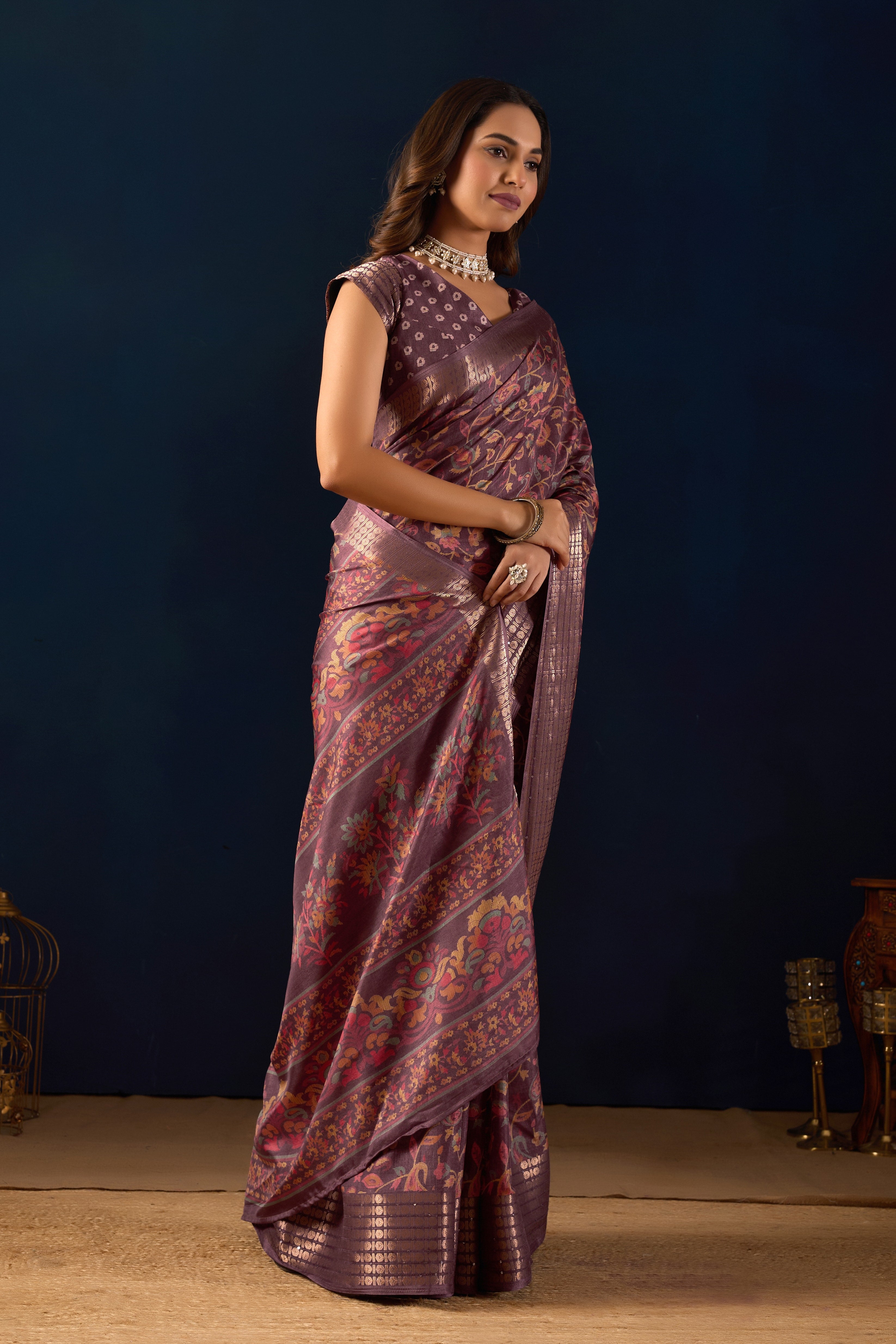 Timeless Elegance in Mauve Dola Silk with Heritage Kalamkari Prints