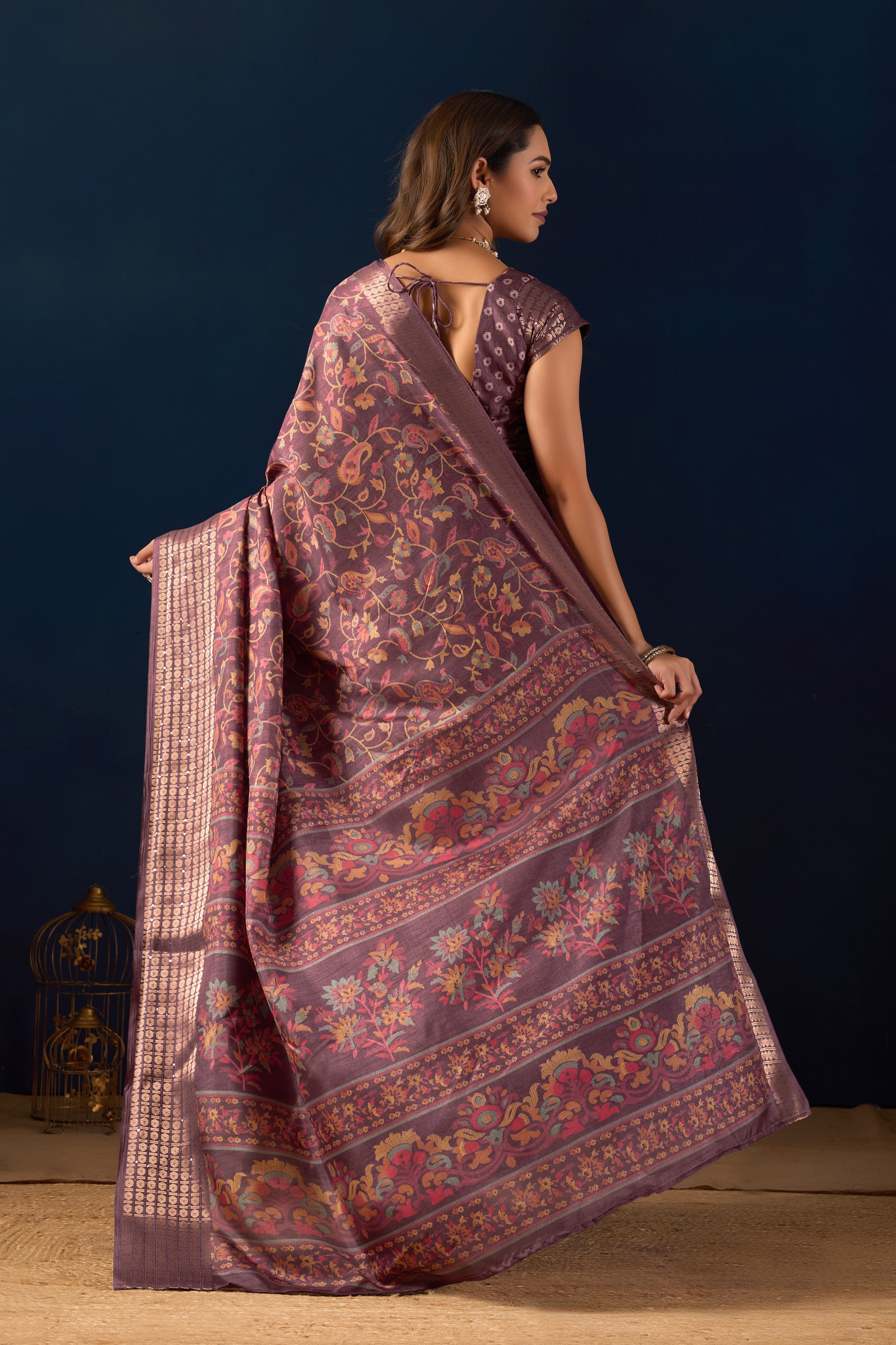 Timeless Elegance in Mauve Dola Silk with Heritage Kalamkari Prints