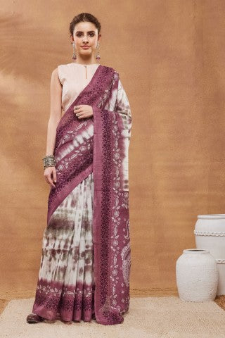 White Tie and Dye Printed Silk Blend Party Wear Saree