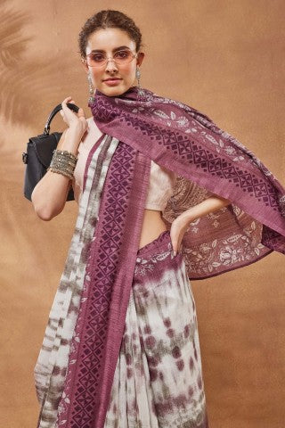 Purple Checked Printed Silk Blend Ready to Wear Saree