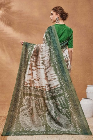 Green Tie and Dye Printed Silk Blend Ready to Wear Saree