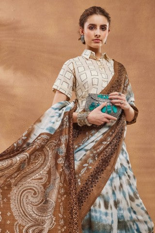 Brown color Dye Printed Silk Blend Designer Saree