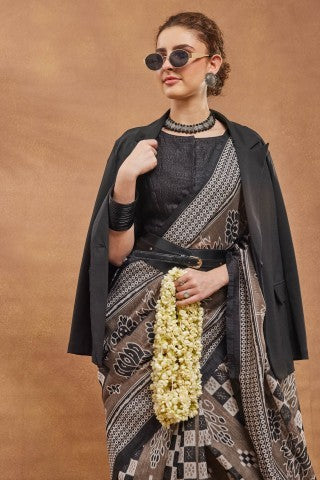 Black Abstract Printed Silk Blend Designer Saree